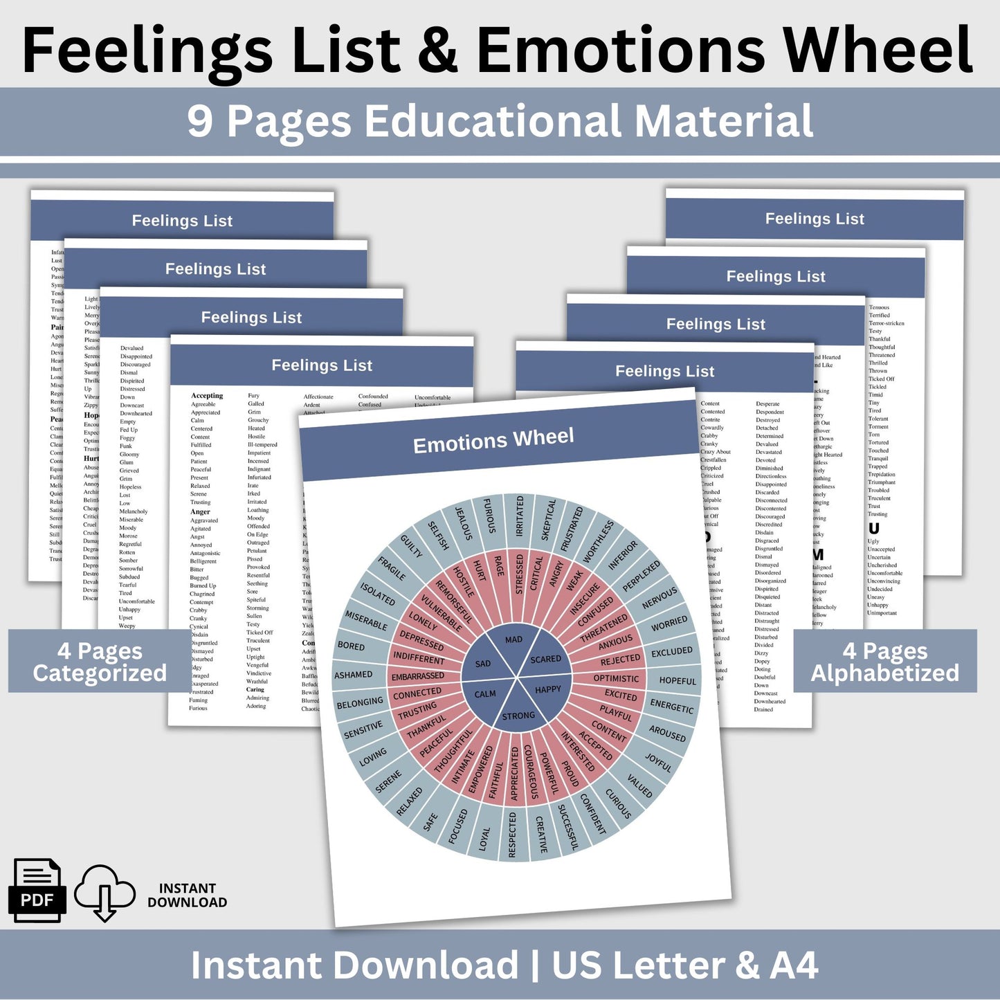 Emotions Wheel and Feelings List perfect for therapists, school counselors, and individuals this list of feeling and emotion words promotes feeling exploration and self reflection. Foster emotional intelligence