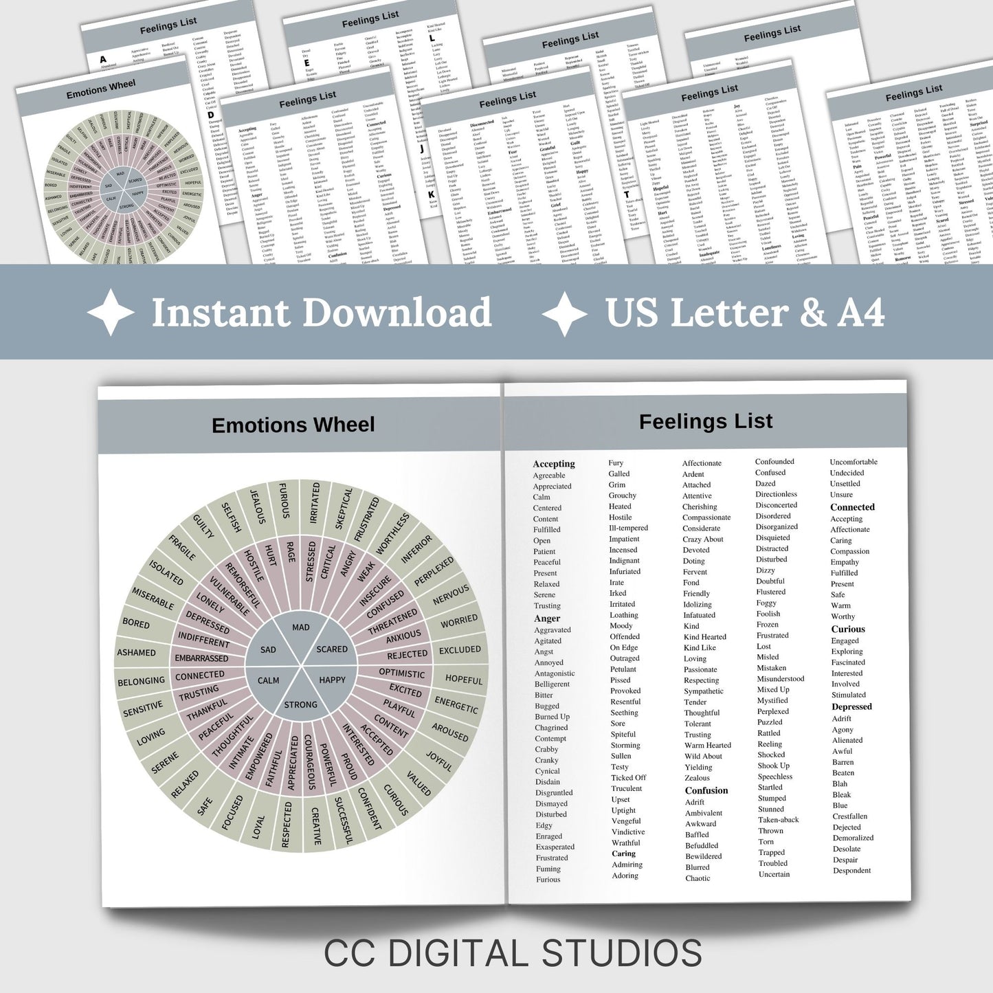 Emotions Wheel and Feelings List perfect for therapists, school counselors, and individuals this list of feeling and emotion words promotes feeling exploration and self reflection. Foster emotional intelligence