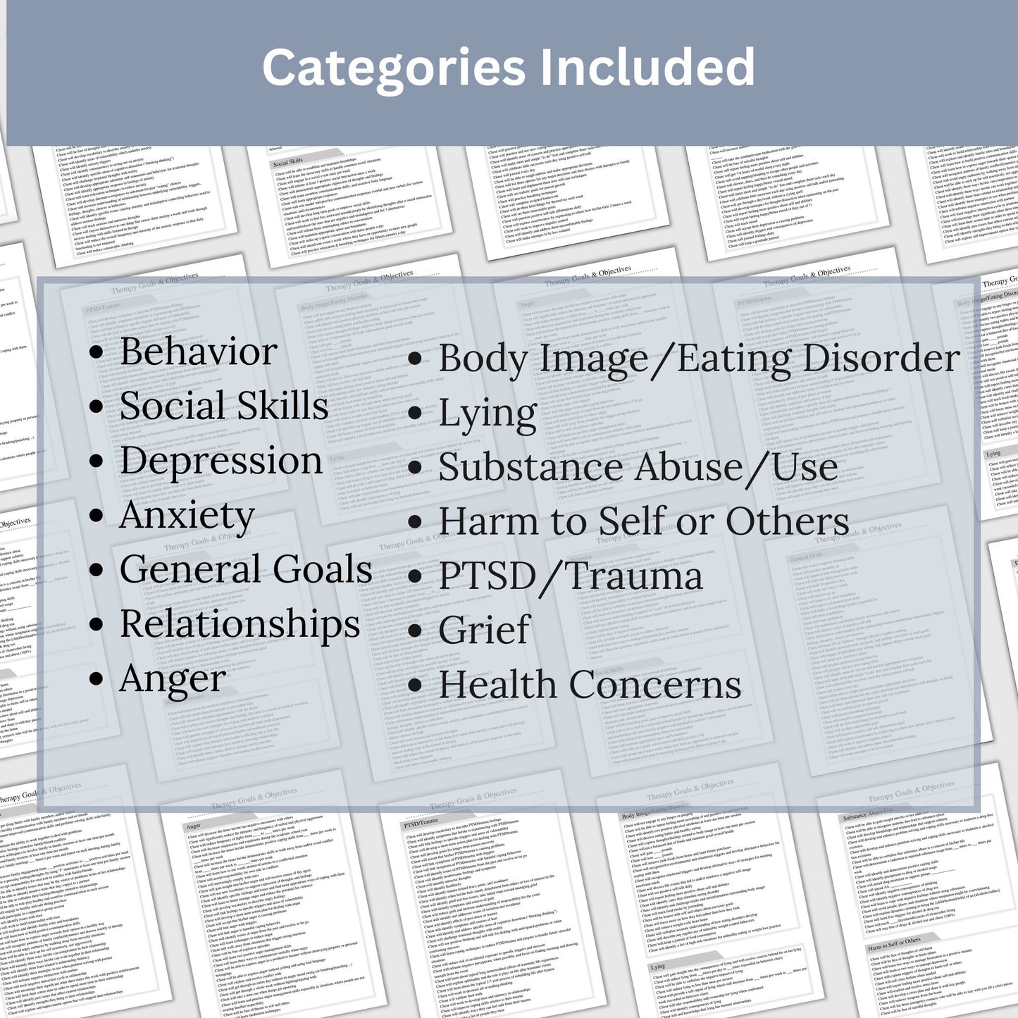 Therapist tool for productive goal and objective setting for your clients. Use this template as a reference point for creating your own client goals or cut and past right into your treatment plan.