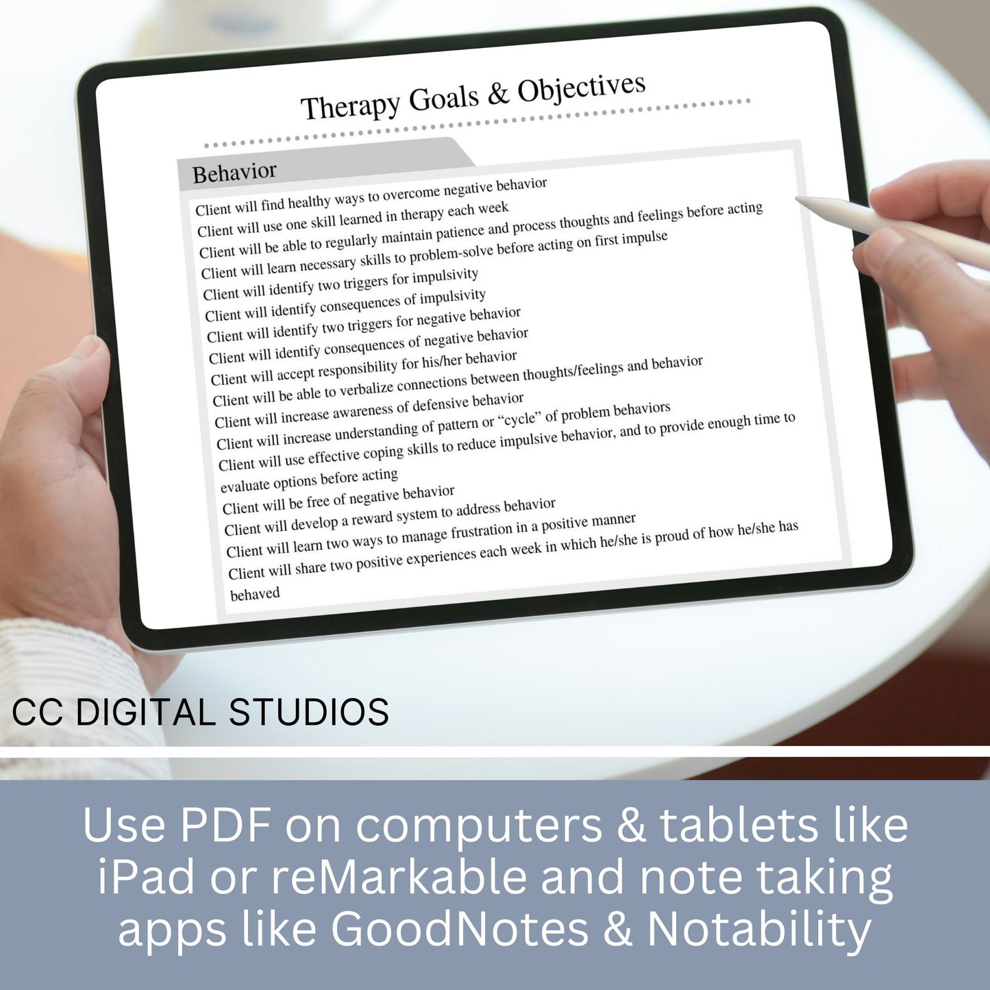 Therapist tool for productive goal and objective setting for your clients. Use this template as a reference point for creating your own client goals or cut and past right into your treatment plan.