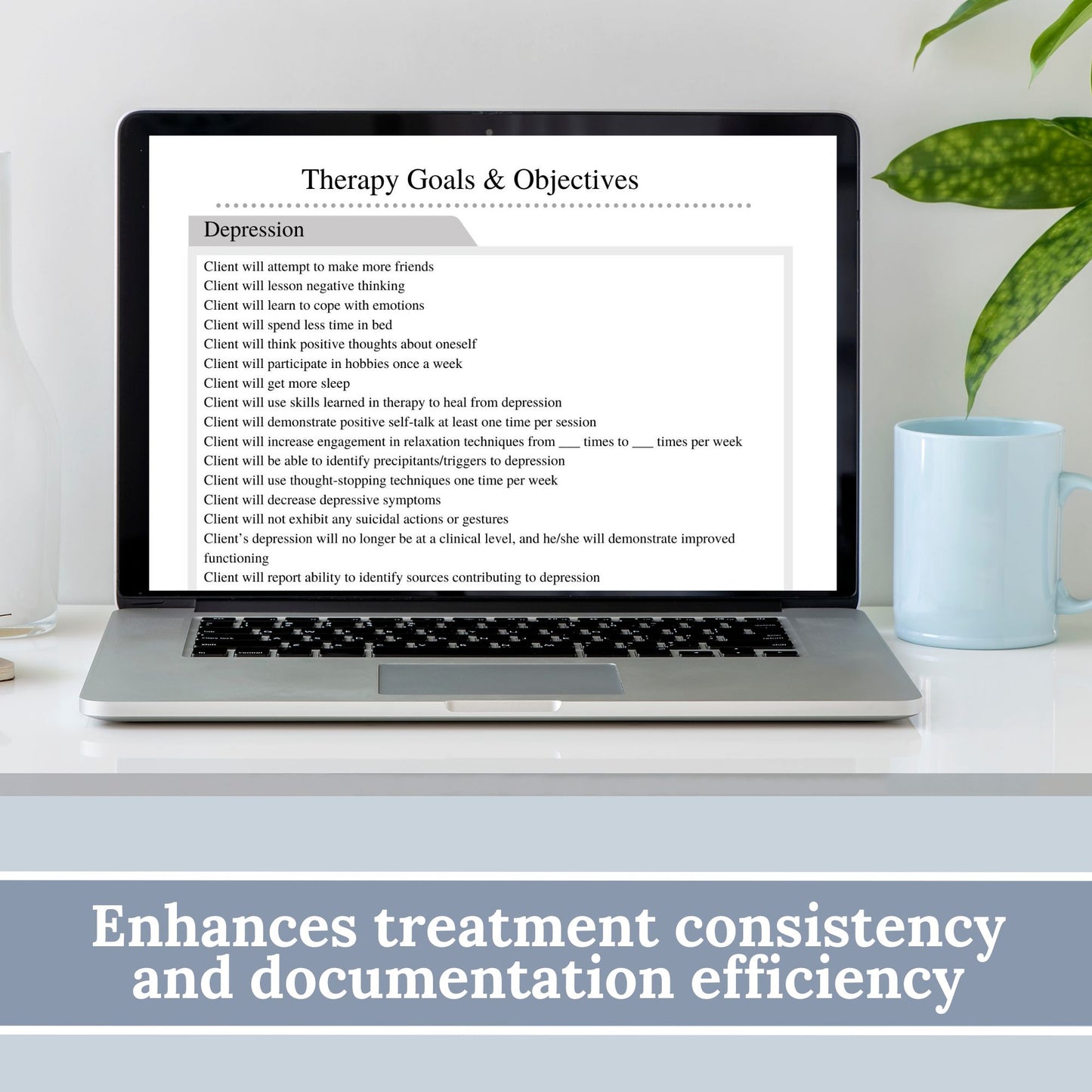 Therapist tool for productive goal and objective setting for your clients. Use this template as a reference point for creating your own client goals or cut and past right into your treatment plan.