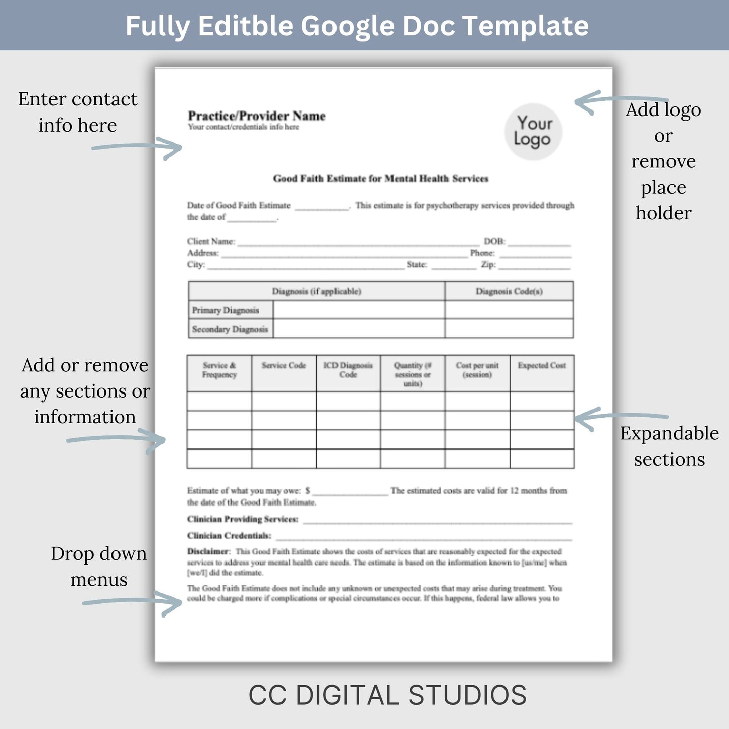 Good Faith Estimate Form for therapist office to ensure clarity and compliance in your mental health practice. This easy-to-use Google Doc template helps you provide your clients with a clear and detailed estimate