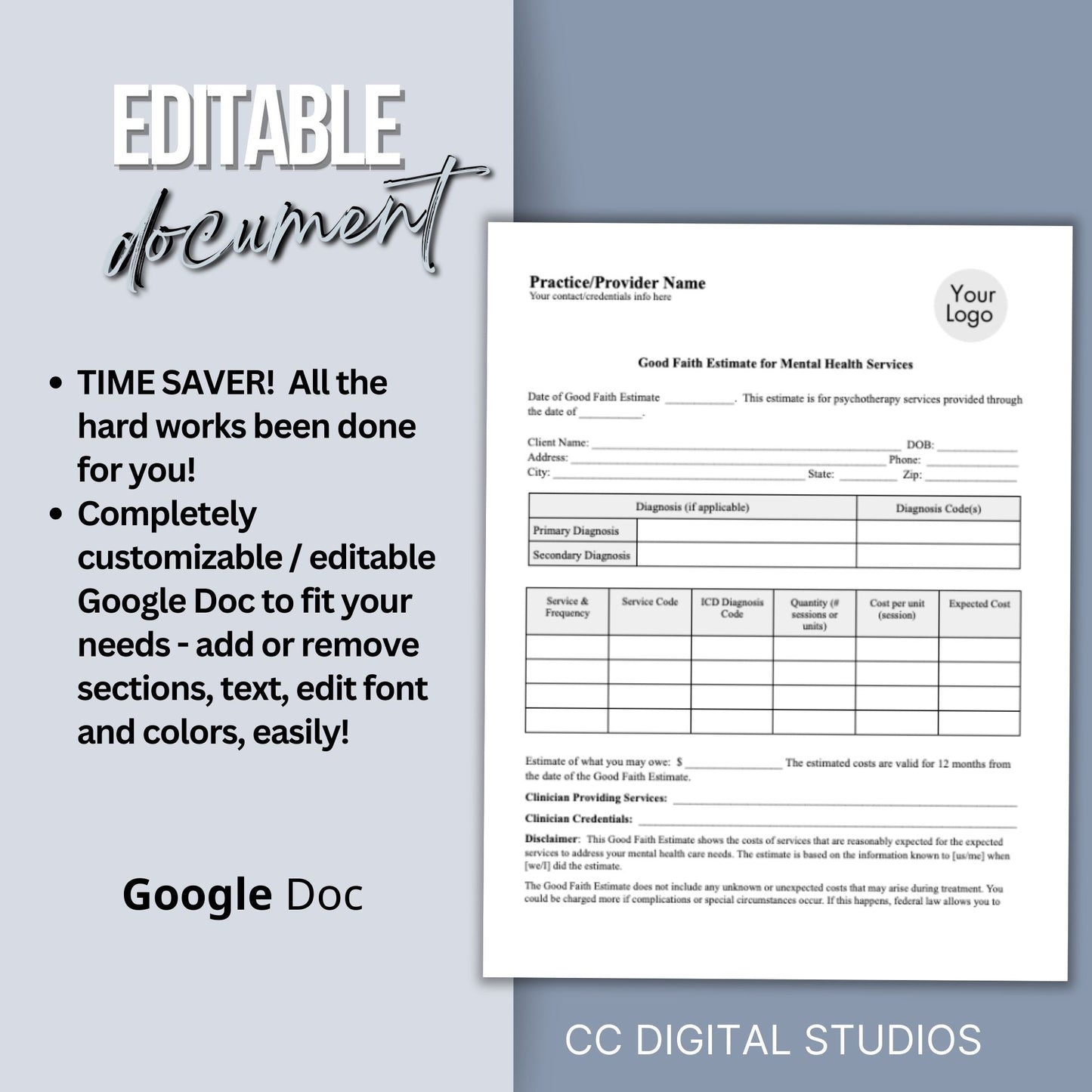 Good Faith Estimate Form for therapist office to ensure clarity and compliance in your mental health practice. This easy-to-use Google Doc template helps you provide your clients with a clear and detailed estimate
