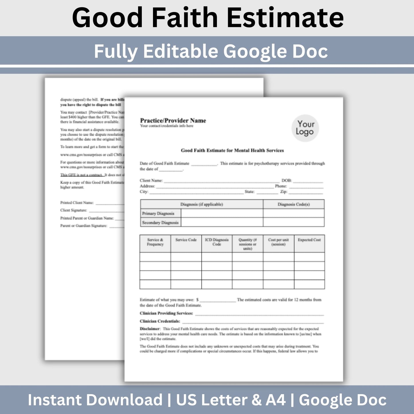Good Faith Estimate Form for therapist office to ensure clarity and compliance in your mental health practice. This easy-to-use Google Doc template helps you provide your clients with a clear and detailed estimate