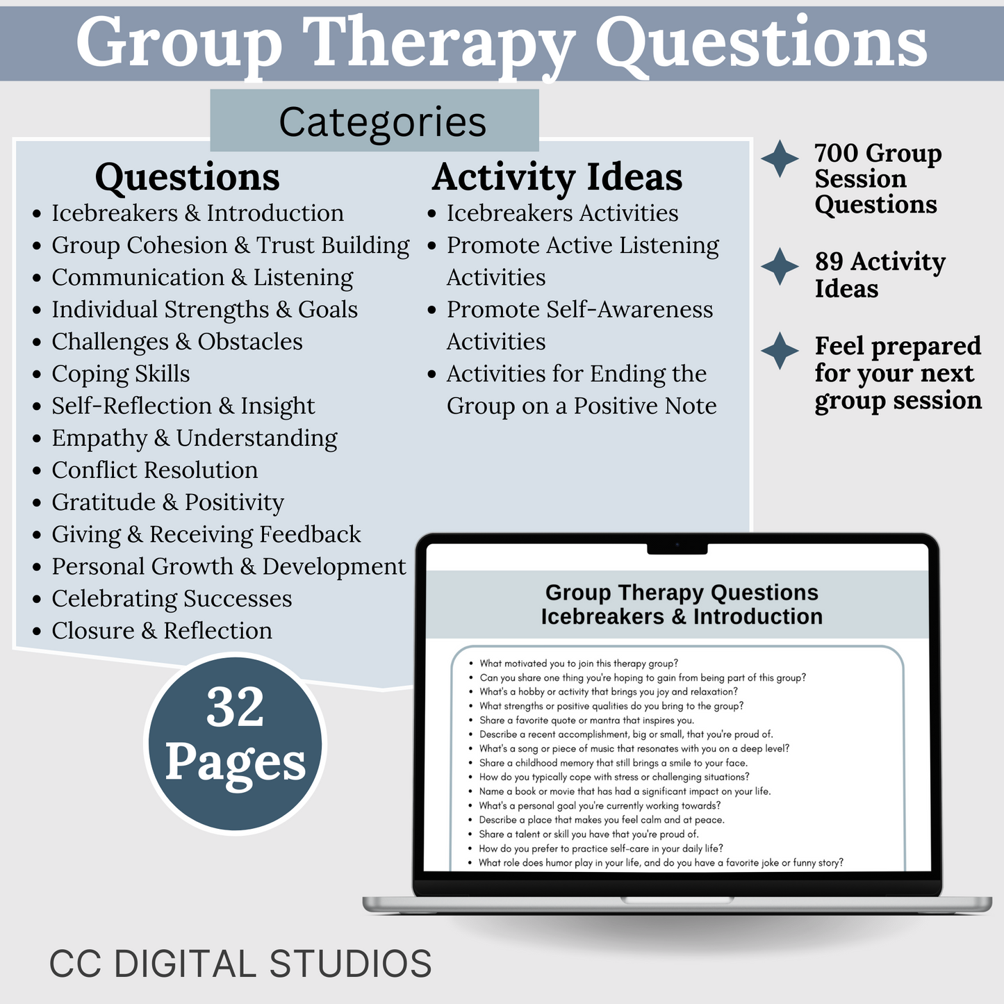 Elevate your group therapy sessions with our Therapy Bundle saving 25%! Featuring a comprehensive Group Therapy Guide, Progress Notes Guide, and a curated set of 700 group therapy questions and 84 activity ideas. Therapy Cheat Sheets