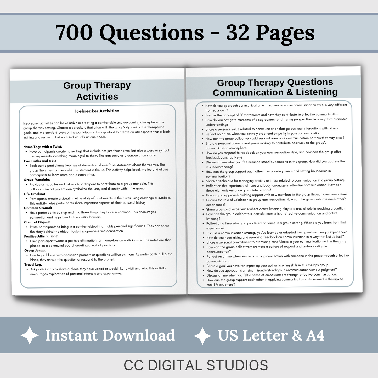 Comprehensive collection of 700 thought-provoking questions and 89 dynamic group activity ideas designed to enhance your group therapy sessions. Elevate your facilitation skills and create a nurturing space for meaningful discussions.