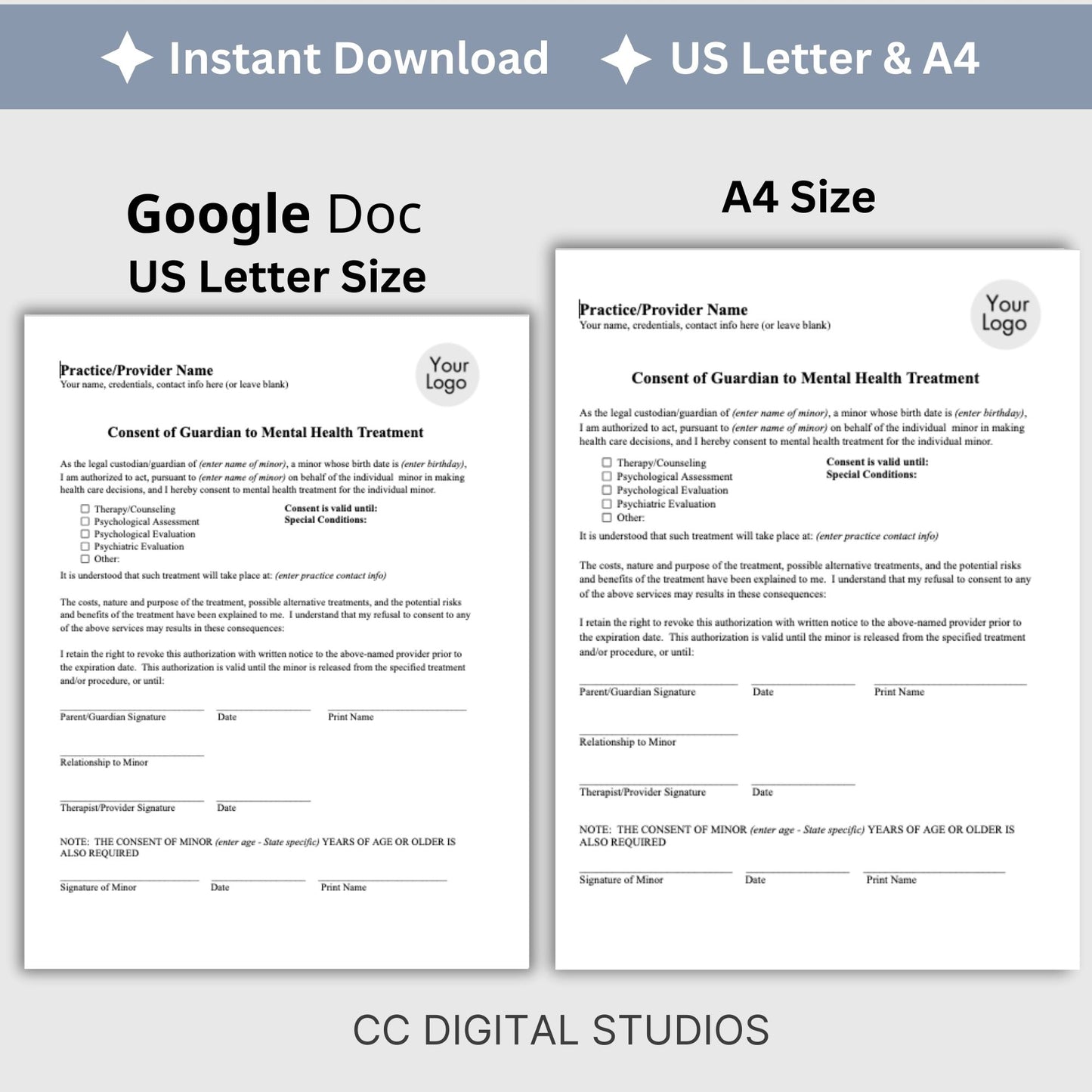 Guardian consent for mental health treatment. Easily customize this template to fit your practice's unique needs, maintain client privacy with secure Google Doc format, and save valuable time