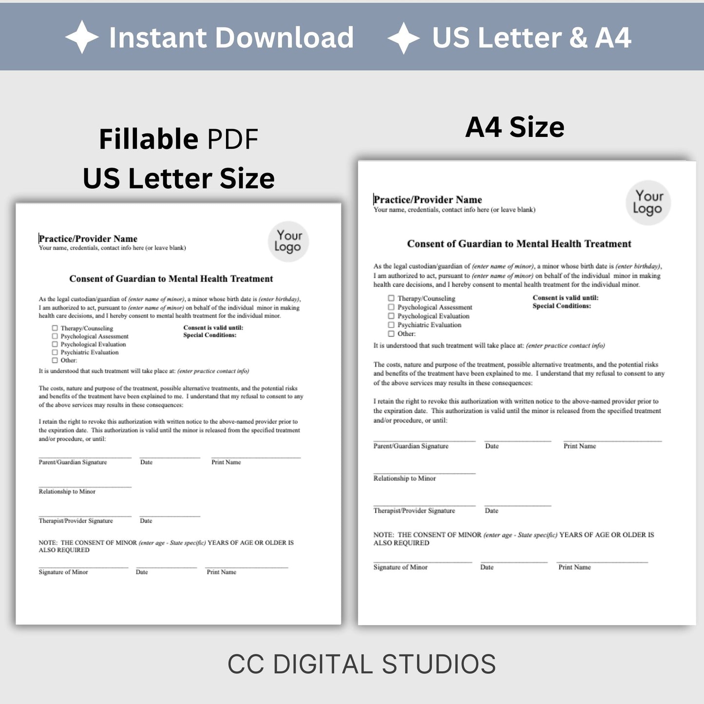 Guardian consent for mental health treatment form for minors. Streamline your client onboarding process with our professional fillable PDF templates for mental health professionals. 