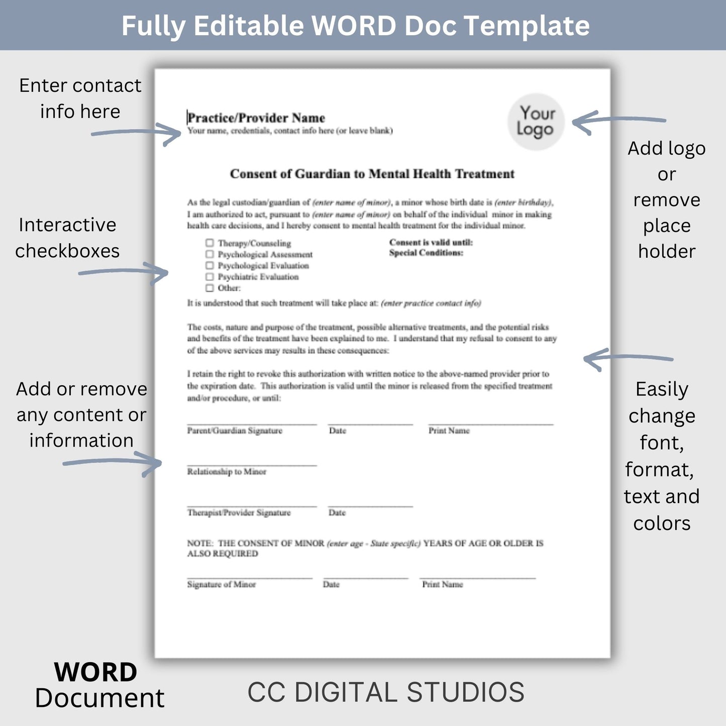 Guardian consent for mental health treatment. Easily customize this template to fit your practice's unique needs, maintain client privacy with secure WORD Doc format, and save valuable time