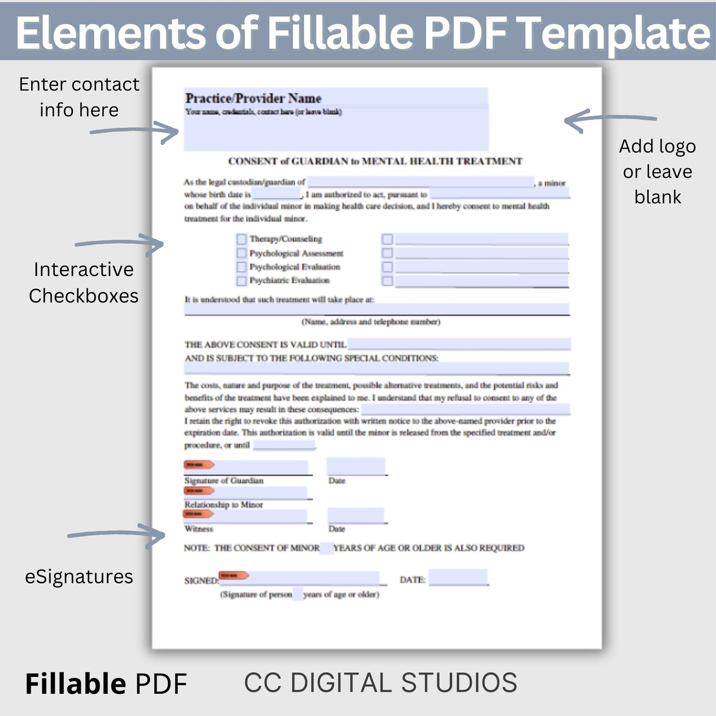 Guardian consent for mental health treatment form for minors. Streamline your client onboarding process with our professional fillable PDF templates for mental health professionals. 