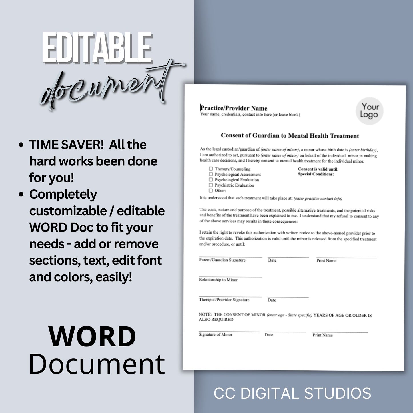 Guardian consent for mental health treatment. Easily customize this template to fit your practice's unique needs, maintain client privacy with secure WORD Doc format, and save valuable time