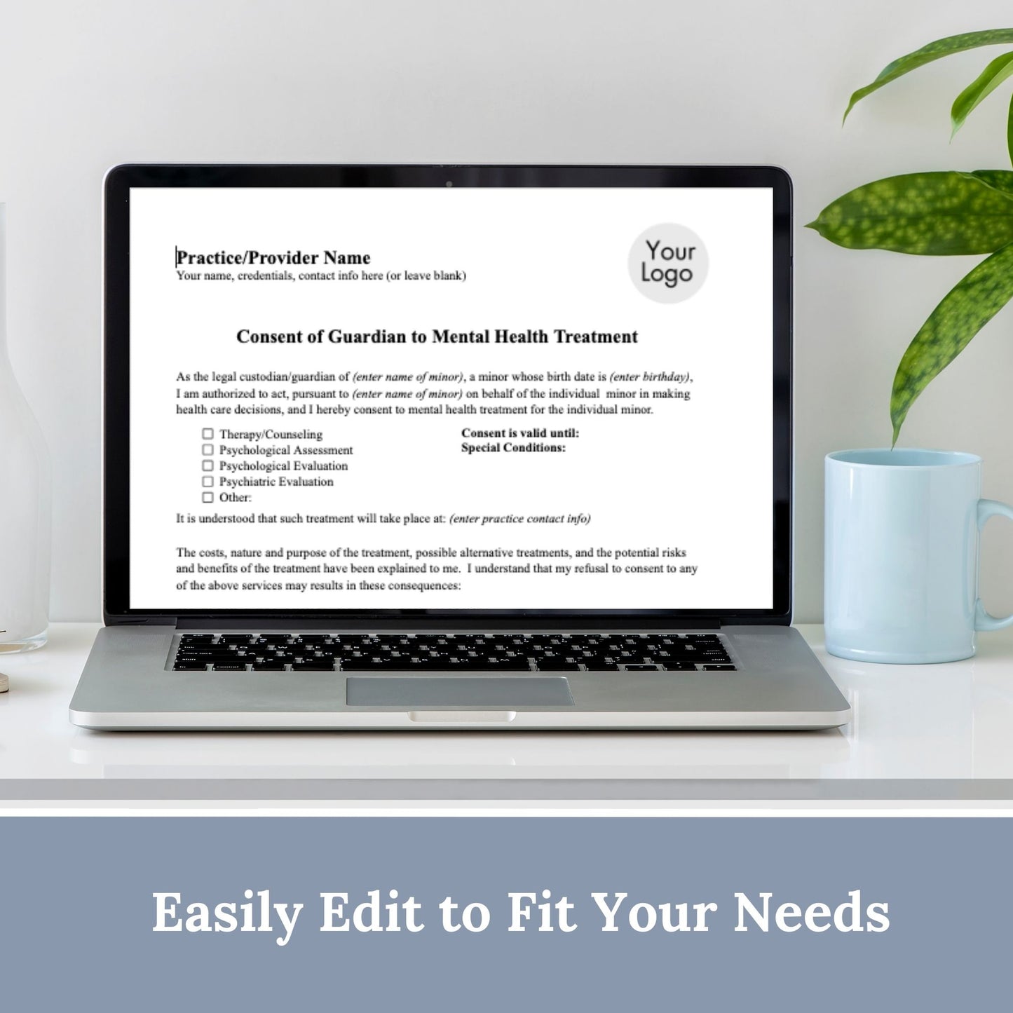 Guardian consent for mental health treatment. Easily customize this template to fit your practice's unique needs, maintain client privacy with secure Google Doc format, and save valuable time