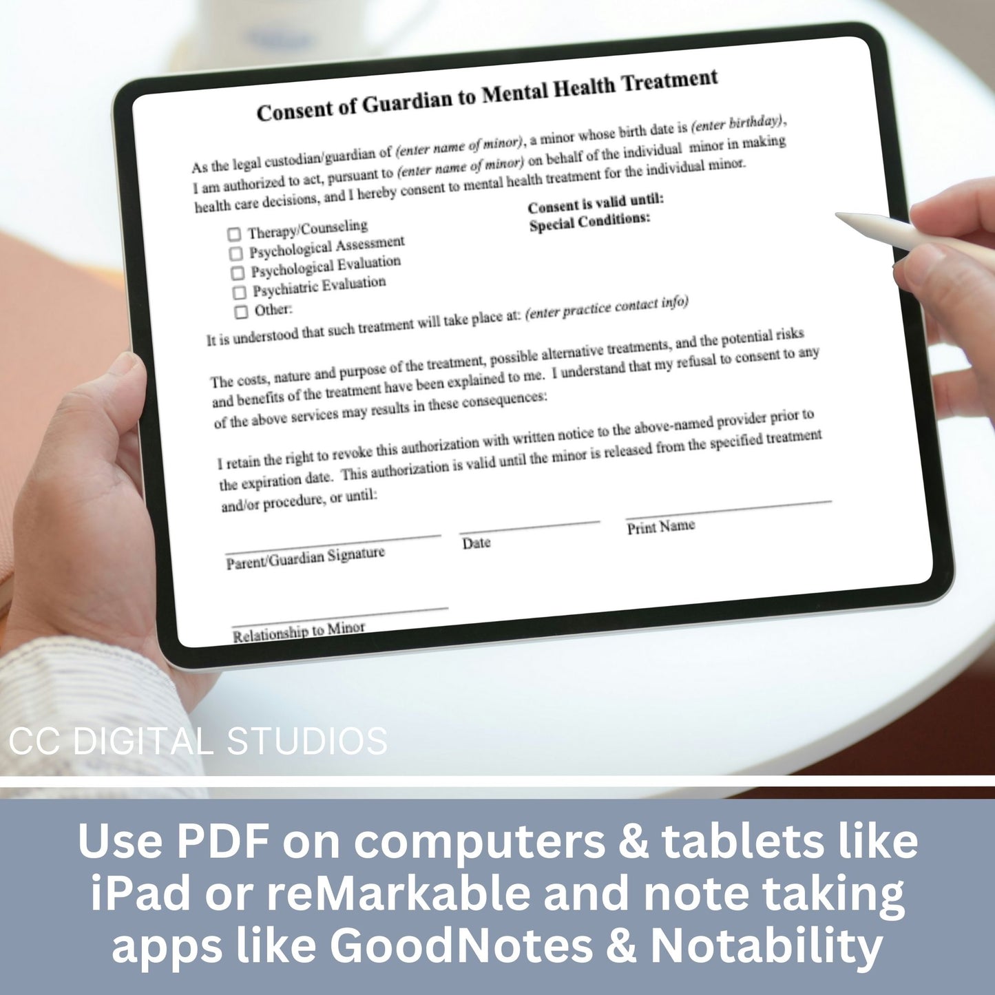 Guardian consent for mental health treatment form for minors. Streamline your client onboarding process with our professional fillable PDF templates for mental health professionals. 