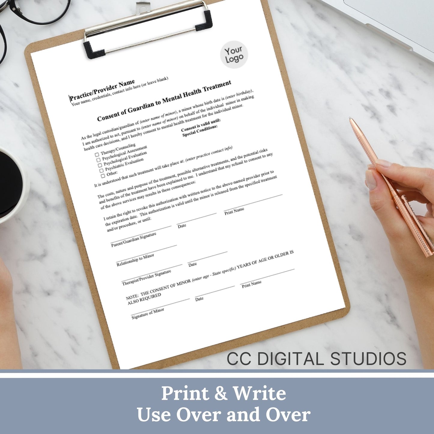 Guardian consent for mental health treatment form for minors. Streamline your client onboarding process with our professional fillable PDF templates for mental health professionals. 