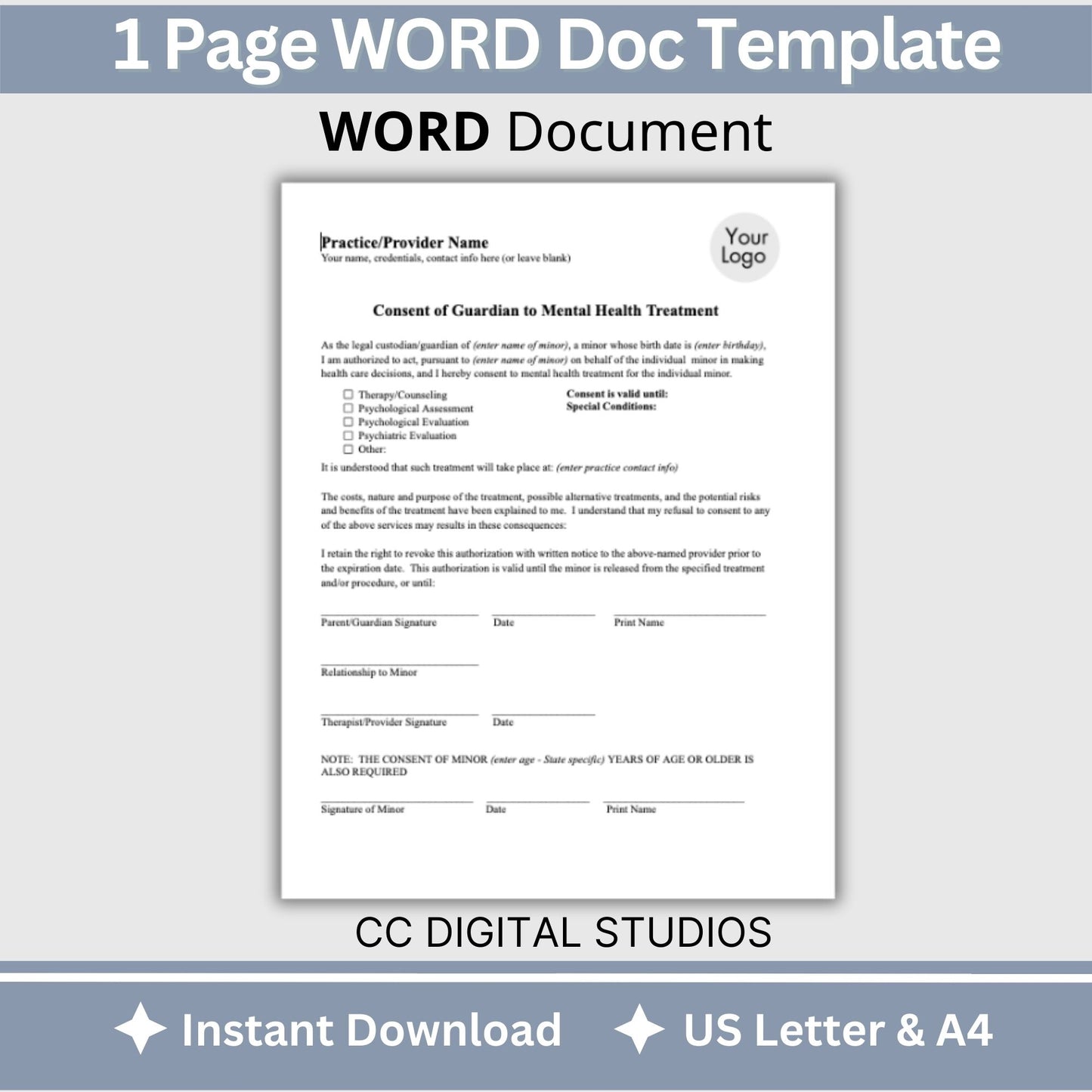 Guardian consent for mental health treatment. Easily customize this template to fit your practice's unique needs, maintain client privacy with secure WORD Doc format, and save valuable time