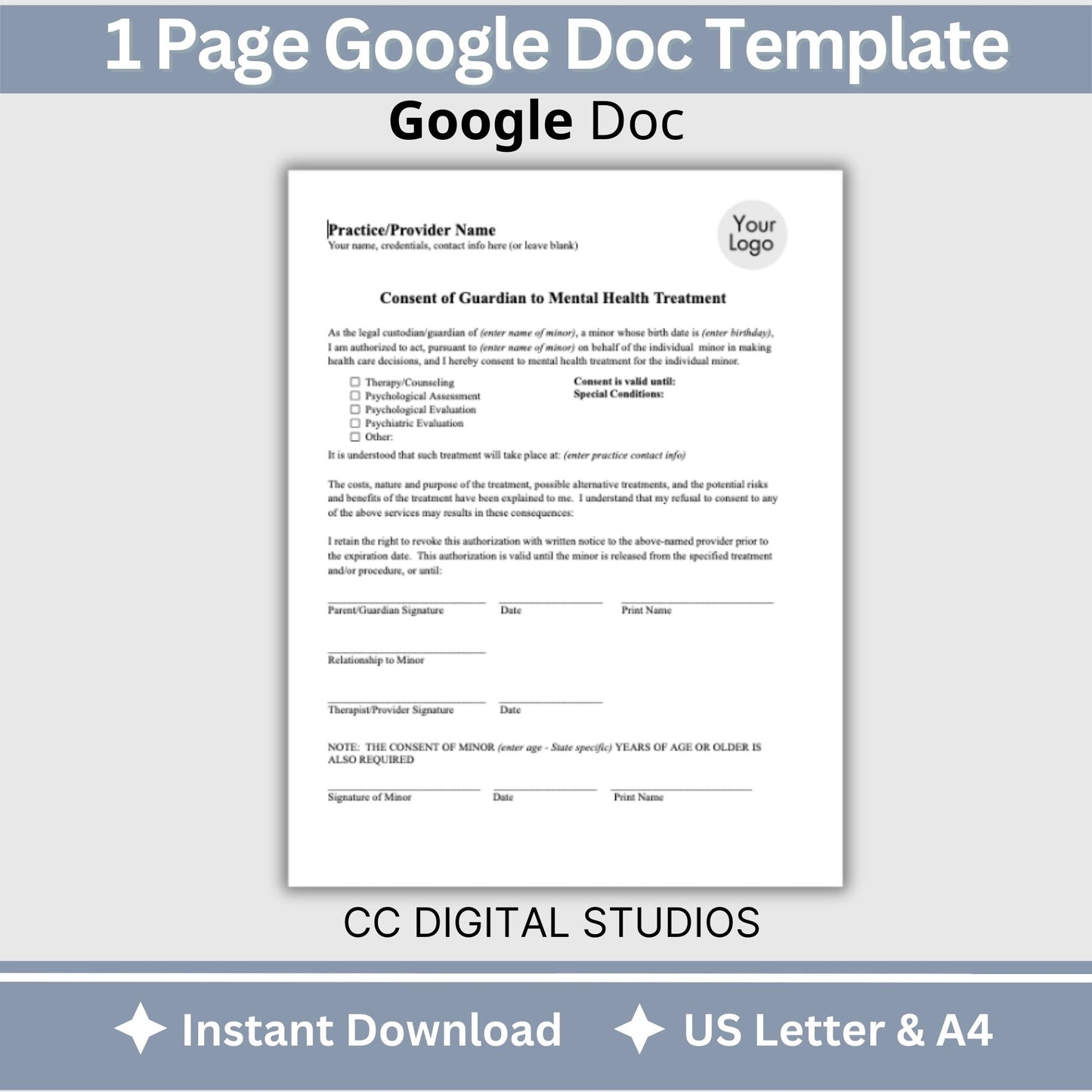 Guardian consent for mental health treatment. Easily customize this template to fit your practice's unique needs, maintain client privacy with secure Google Doc format, and save valuable time