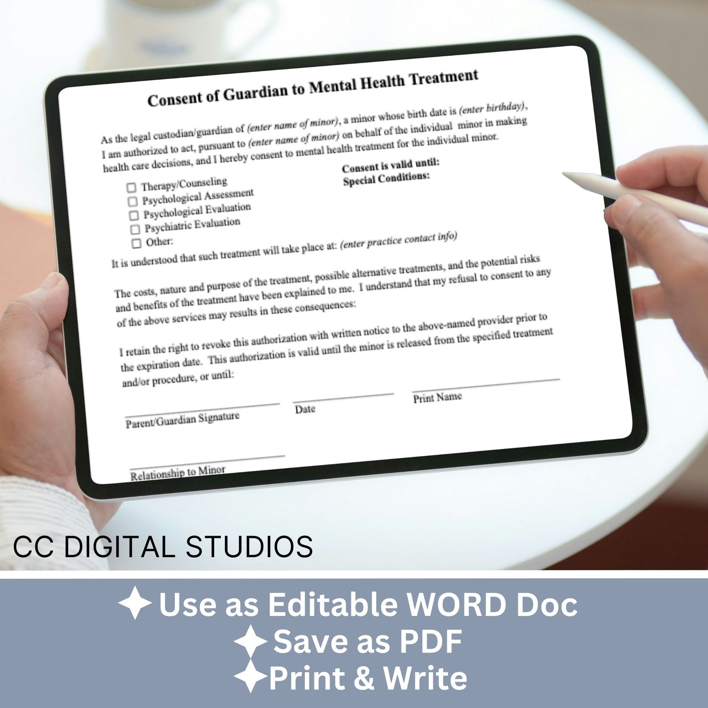 Guardian consent for mental health treatment. Easily customize this template to fit your practice's unique needs, maintain client privacy with secure WORD Doc format, and save valuable time