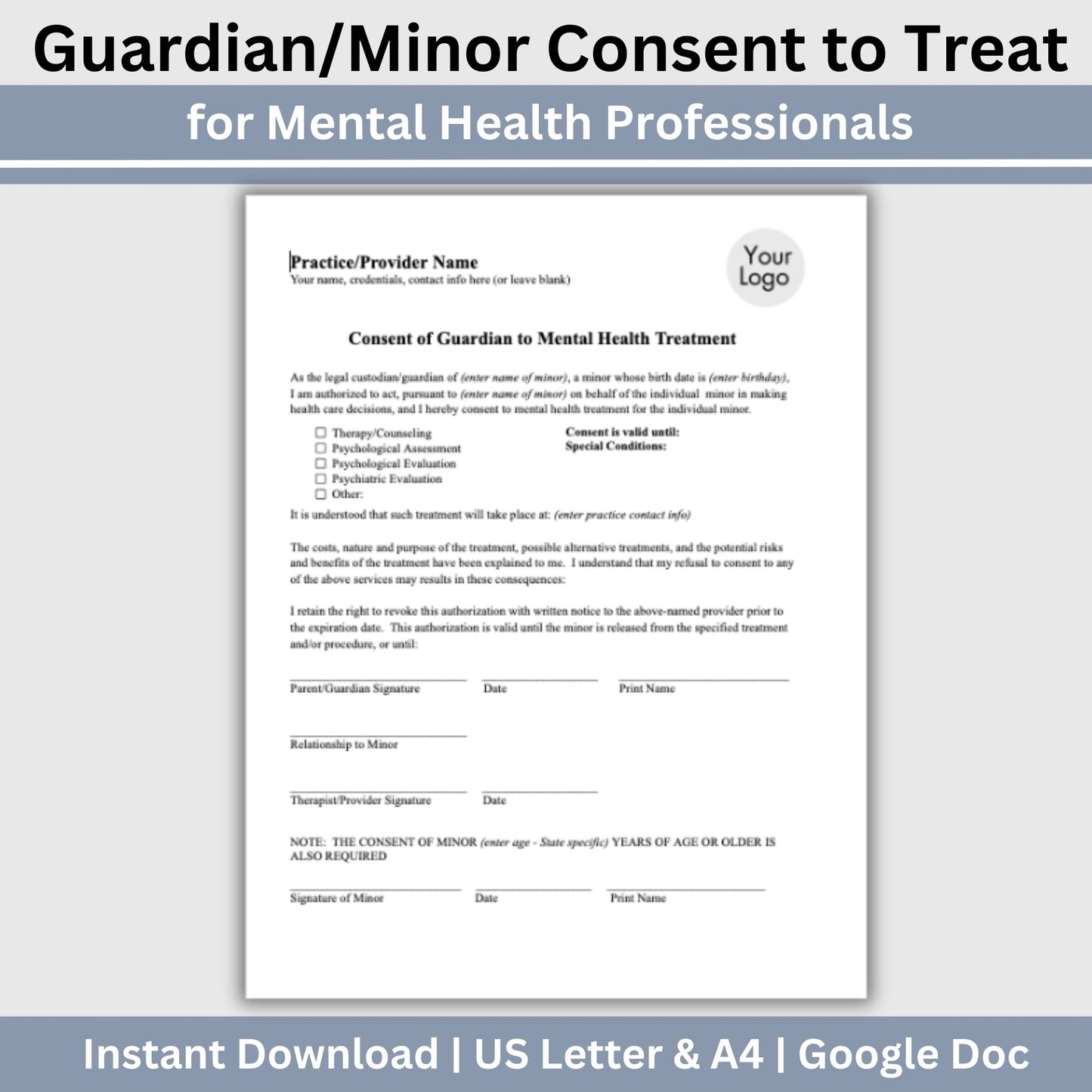 Guardian consent for mental health treatment. Easily customize this template to fit your practice's unique needs, maintain client privacy with secure Google Doc format, and save valuable time