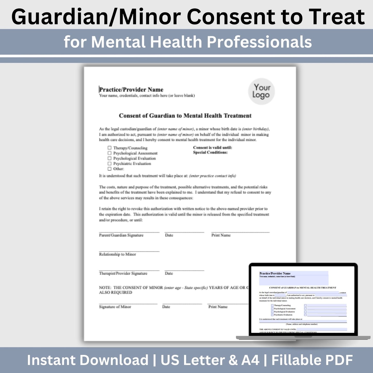 Guardian consent for mental health treatment form for minors. Streamline your client onboarding process with our professional fillable PDF templates for mental health professionals. 