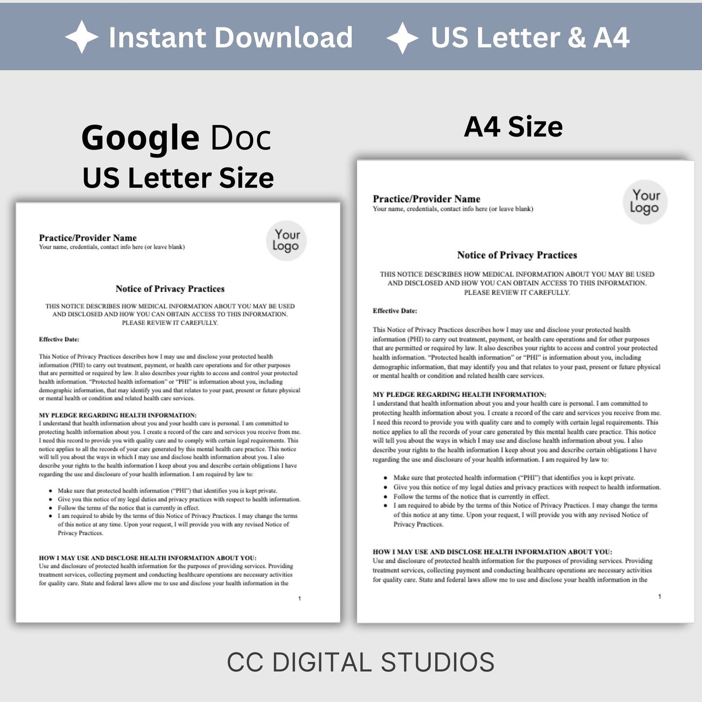 Notice of Privacy Practices - HIPAA for mental health professionals. Easily customize the template to fit your practice's unique needs, State requirements, maintain client privacy with secure Google Doc forma