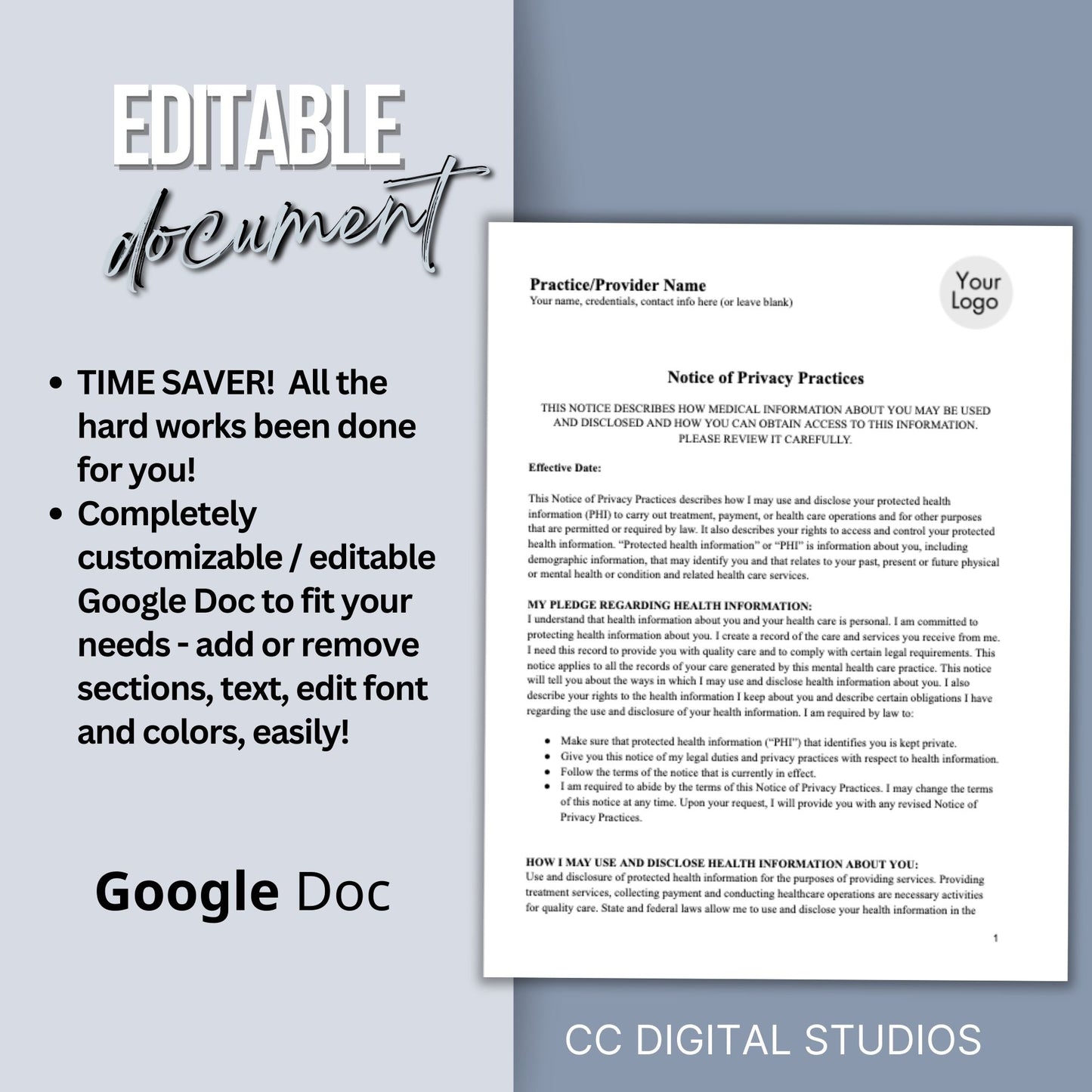 Notice of Privacy Practices - HIPAA for mental health professionals. Easily customize the template to fit your practice's unique needs, State requirements, maintain client privacy with secure Google Doc forma