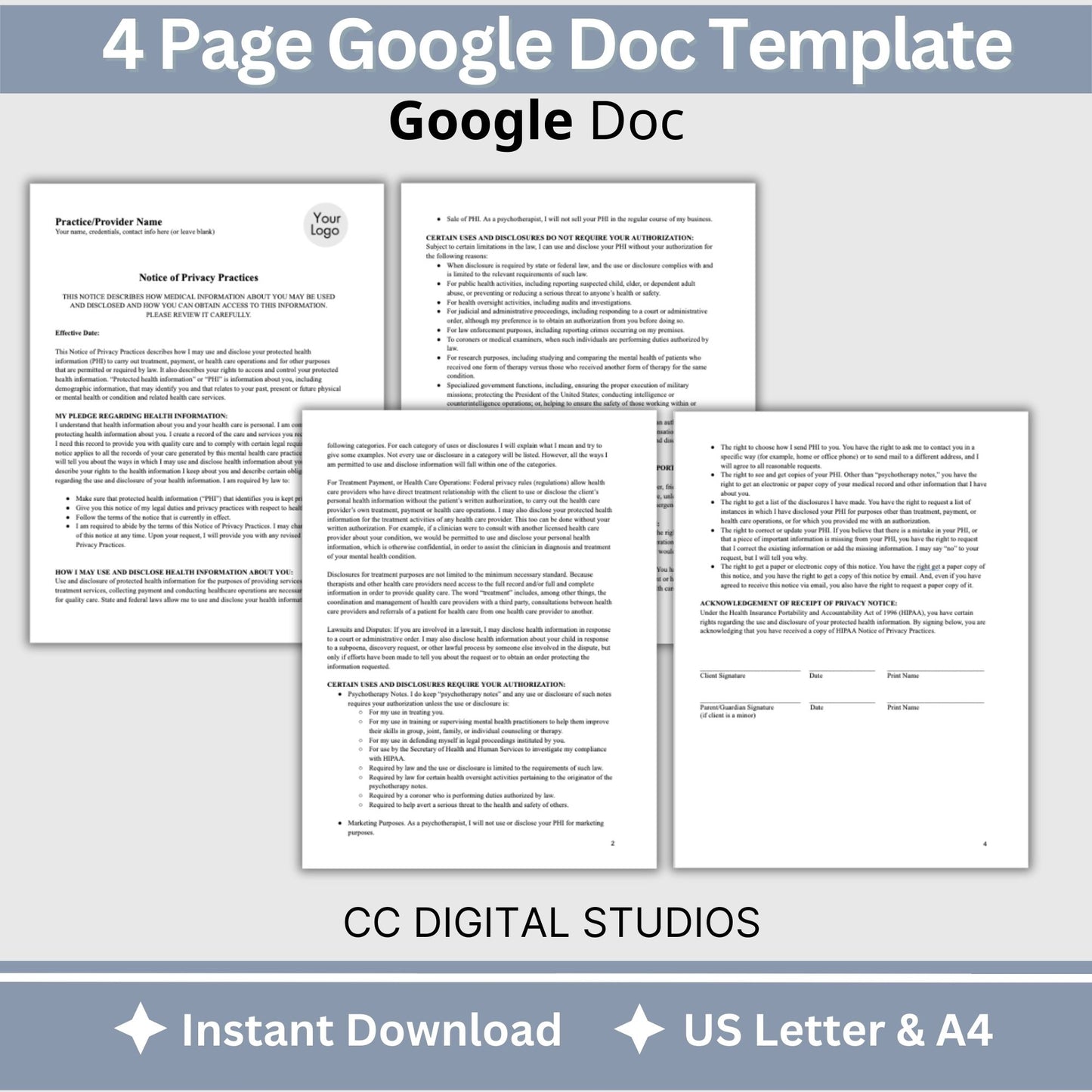 Notice of Privacy Practices - HIPAA for mental health professionals. Easily customize the template to fit your practice's unique needs, State requirements, maintain client privacy with secure Google Doc forma