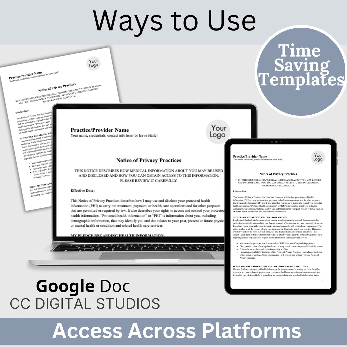 Notice of Privacy Practices - HIPAA for mental health professionals. Easily customize the template to fit your practice's unique needs, State requirements, maintain client privacy with secure Google Doc forma