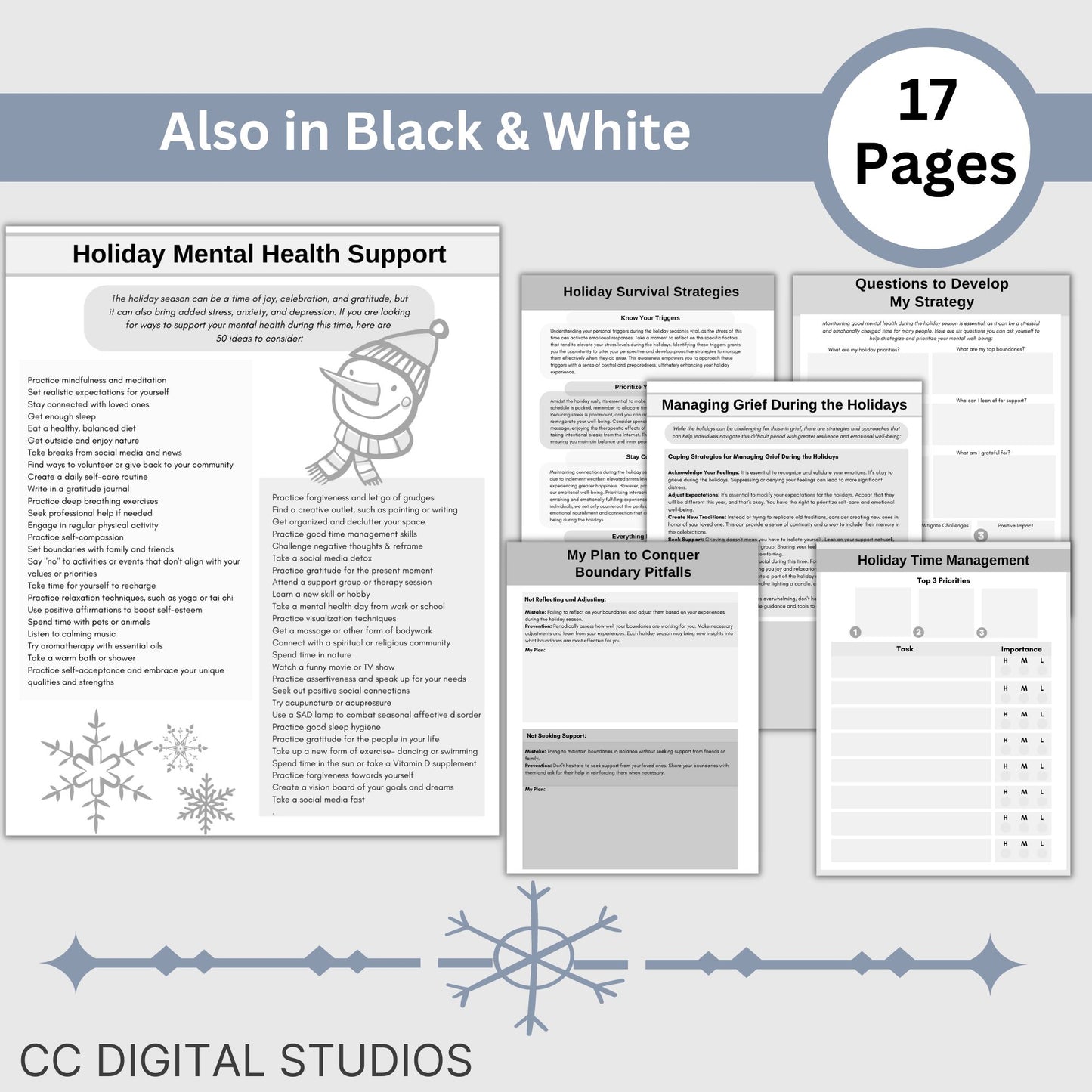 Holiday Survival Mental Health Worksheets, Managing Grief Gift, Boundaries Setting, Holiday Mental Health Support, Holiday Self Care