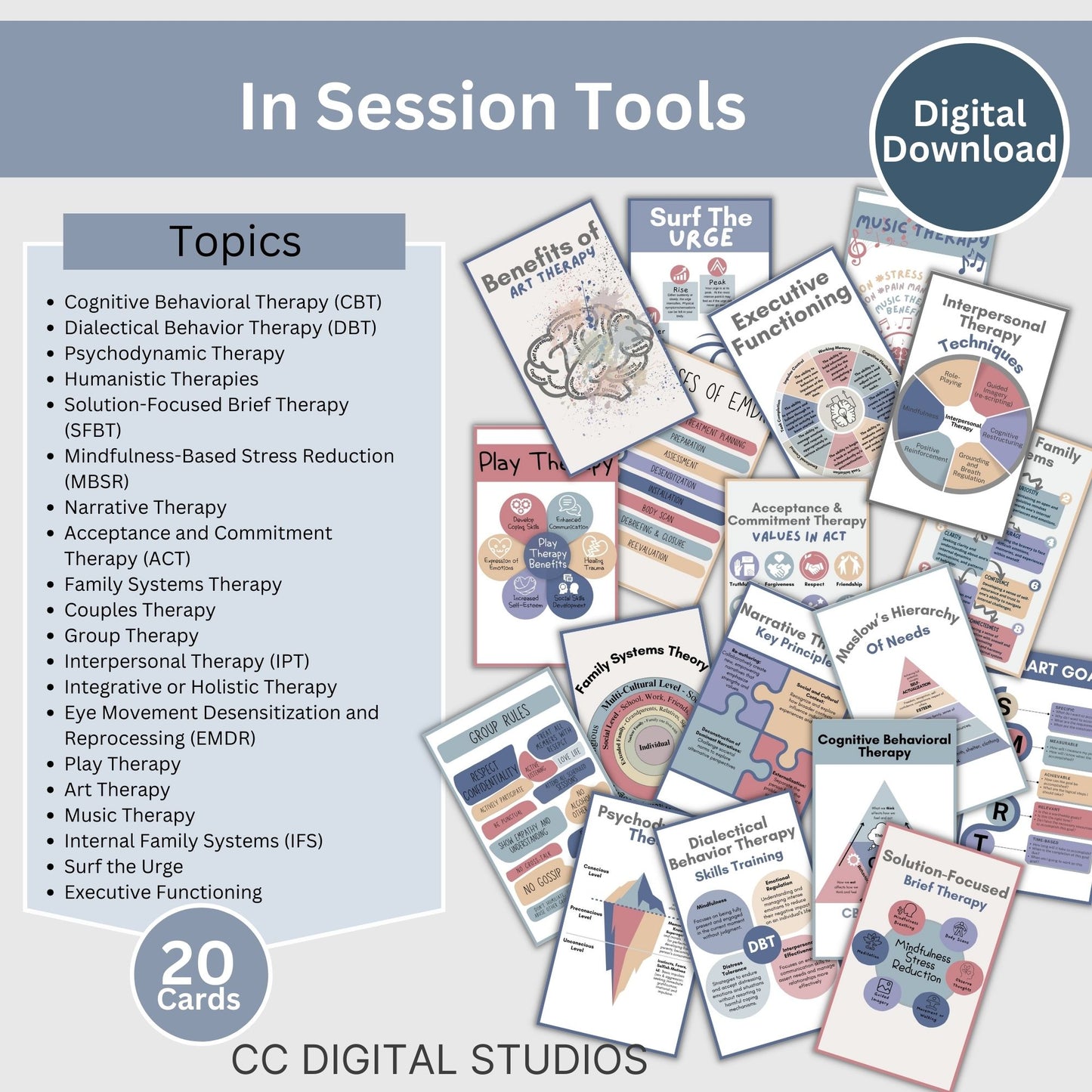 20 mental health infographic cards featuring different therapy modalities and mental health information! For therapists office, social workers, and school counselors, these 3x5 cards for workshops, therapy sessions, and psychoeducation