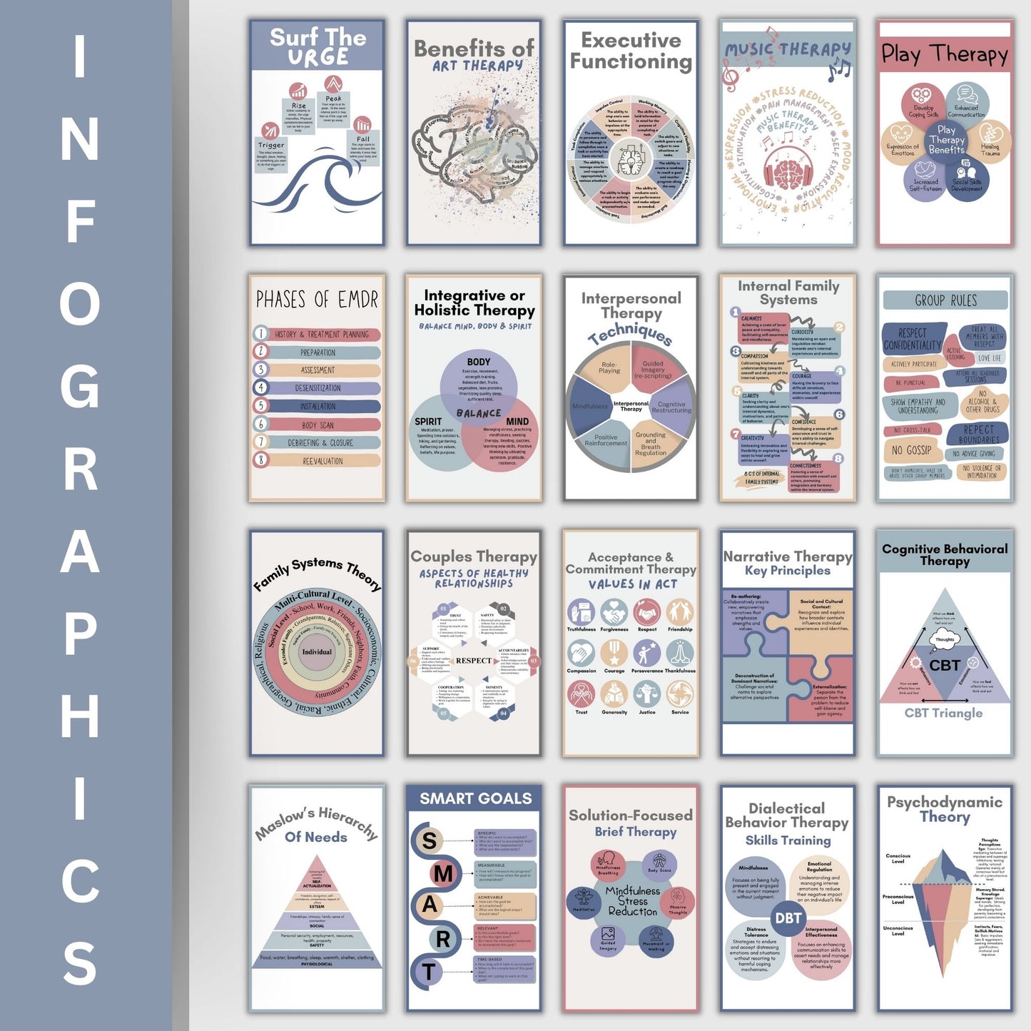 20 mental health infographic cards featuring different therapy modalities and mental health information! For therapists office, social workers, and school counselors, these 3x5 cards for workshops, therapy sessions, and psychoeducation