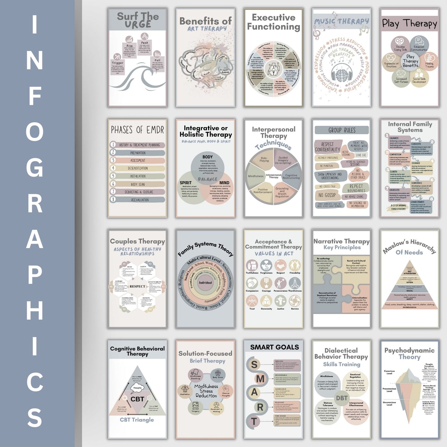 20 mental health infographic cards featuring different therapy modalities and mental health information! For therapists office, social workers, and school counselors, these 3x5 cards for workshops, therapy sessions, and psychoeducation