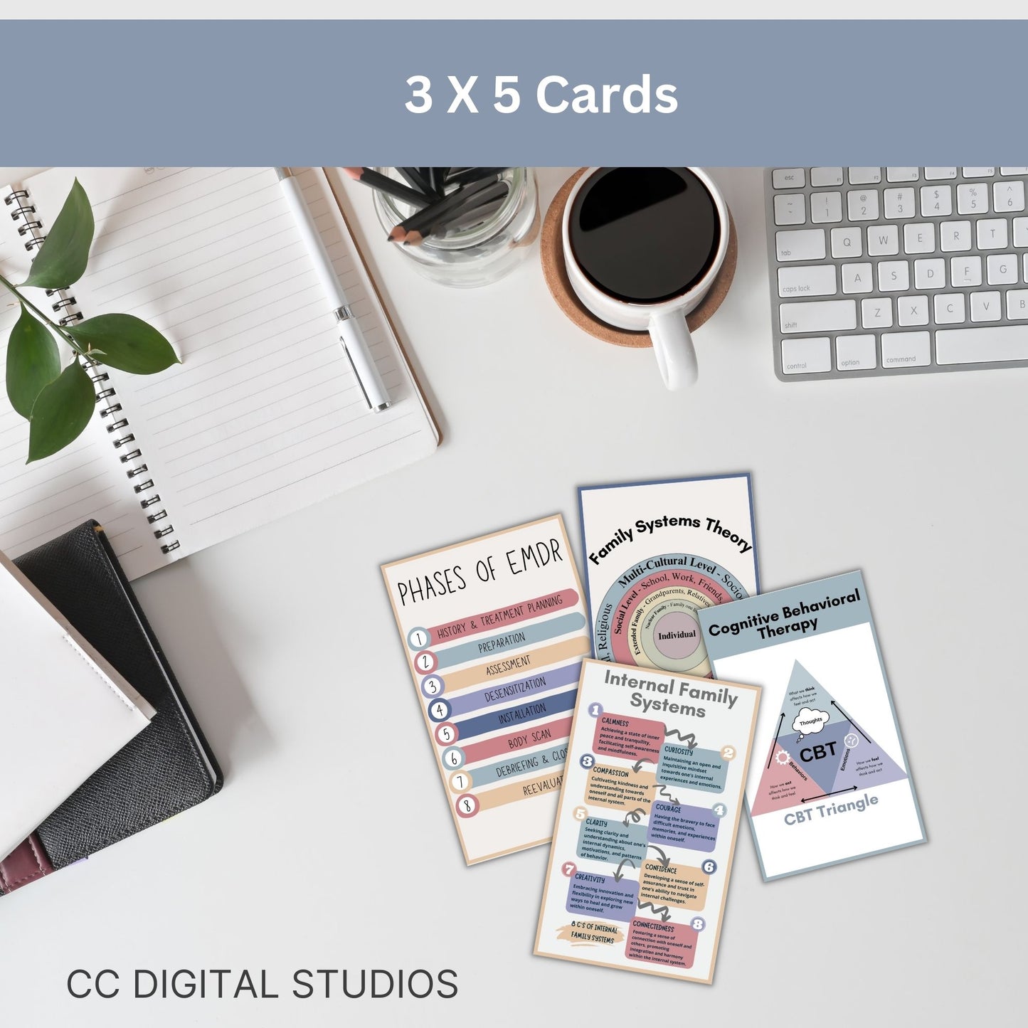 20 mental health infographic cards featuring different therapy modalities and mental health information! For therapists office, social workers, and school counselors, these 3x5 cards for workshops, therapy sessions, and psychoeducation