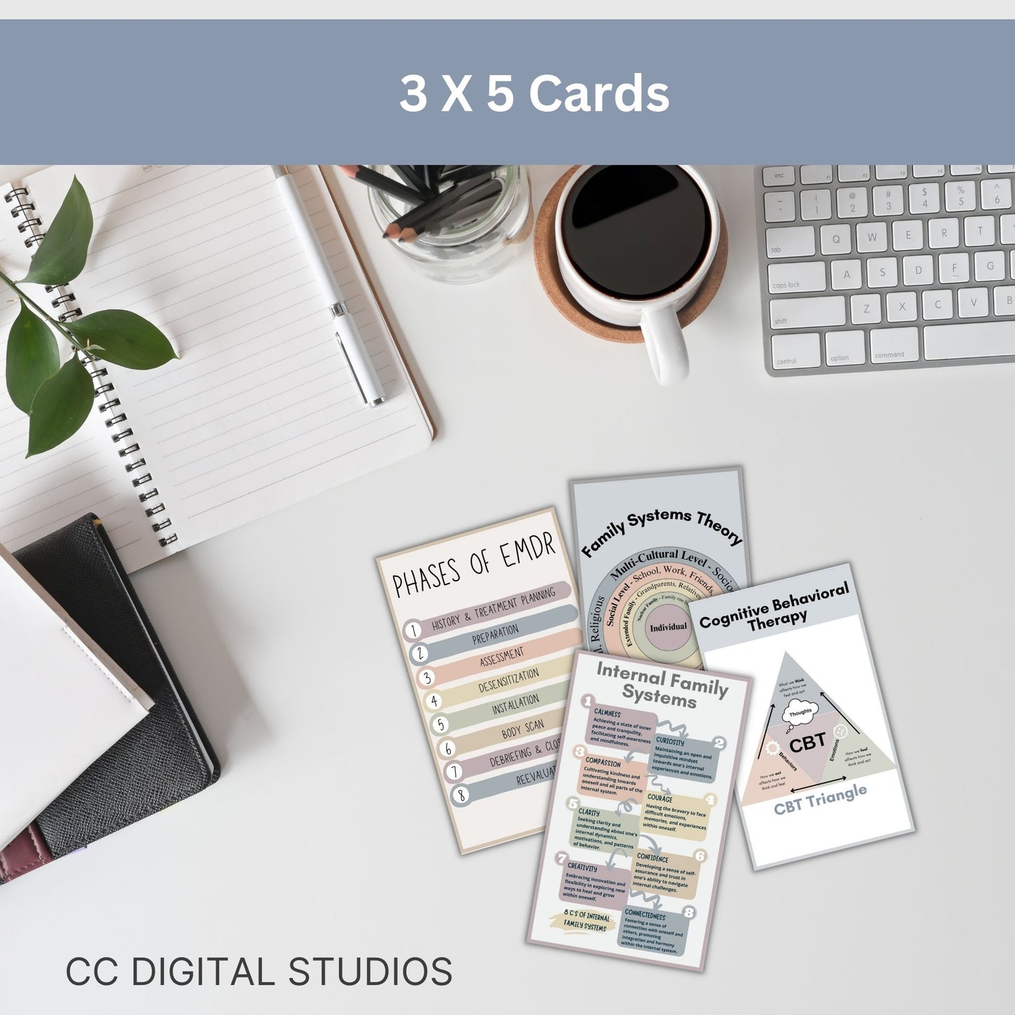 20 mental health infographic cards featuring different therapy modalities and mental health information! For therapists office, social workers, and school counselors, these 3x5 cards for workshops, therapy sessions, and psychoeducation