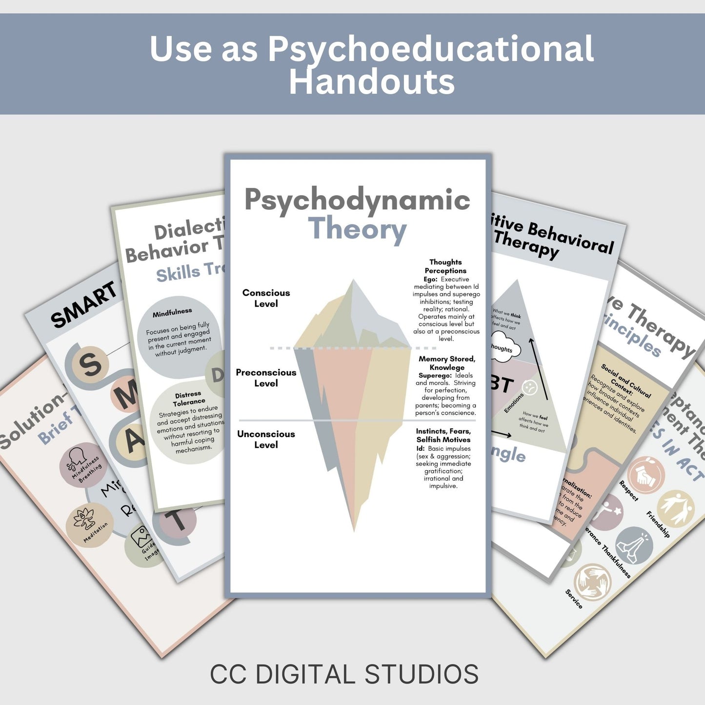 20 mental health infographic cards featuring different therapy modalities and mental health information! For therapists office, social workers, and school counselors, these 3x5 cards for workshops, therapy sessions, and psychoeducation