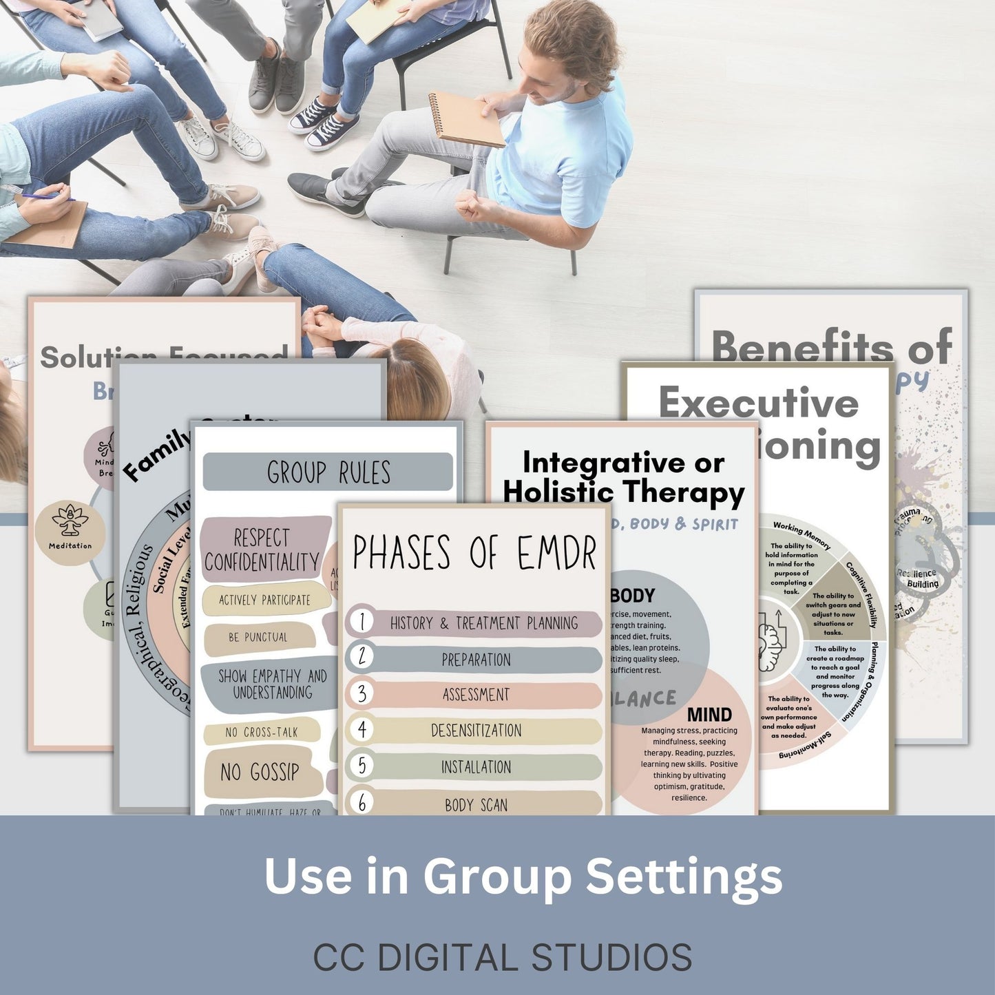 20 mental health infographic cards featuring different therapy modalities and mental health information! For therapists office, social workers, and school counselors, these 3x5 cards for workshops, therapy sessions, and psychoeducation