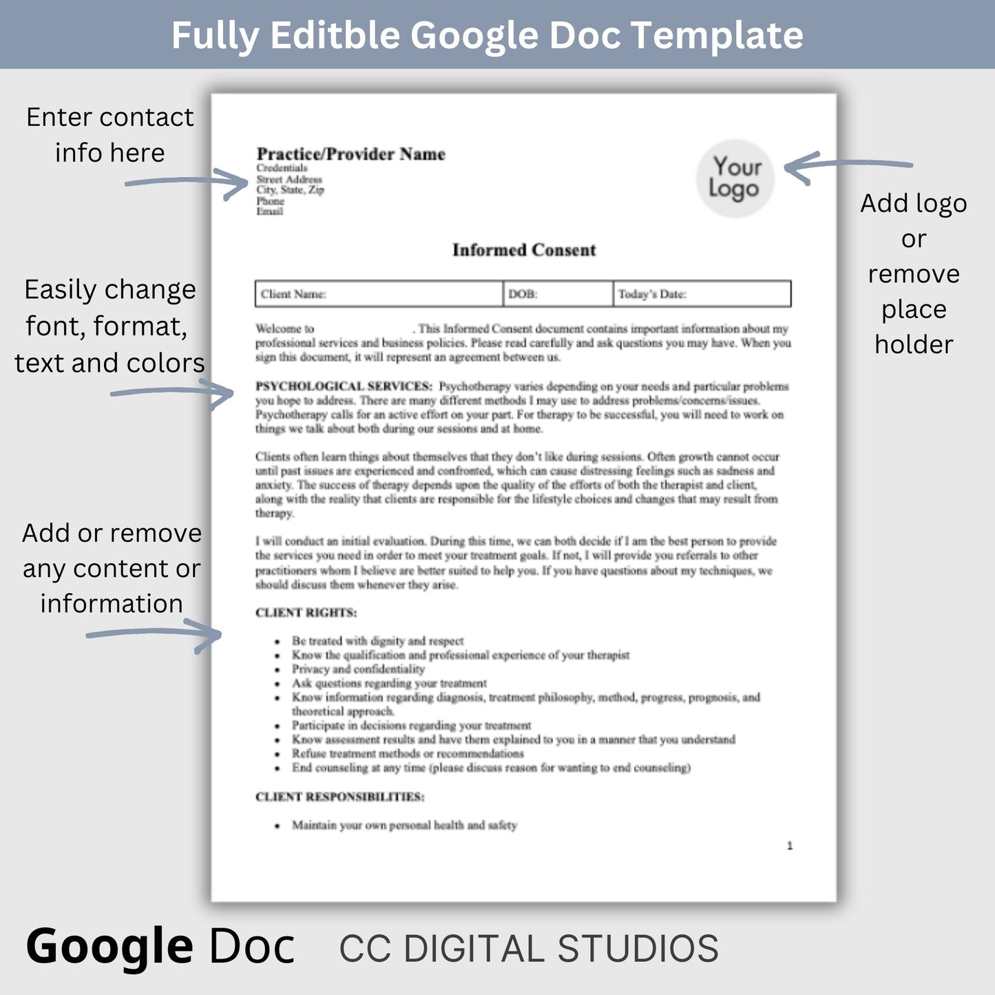 Informed Consent Therapy Form, Editable Google Doc, Client Intake Form, Psychologist Office, Therapist Office Documentation, Counseling