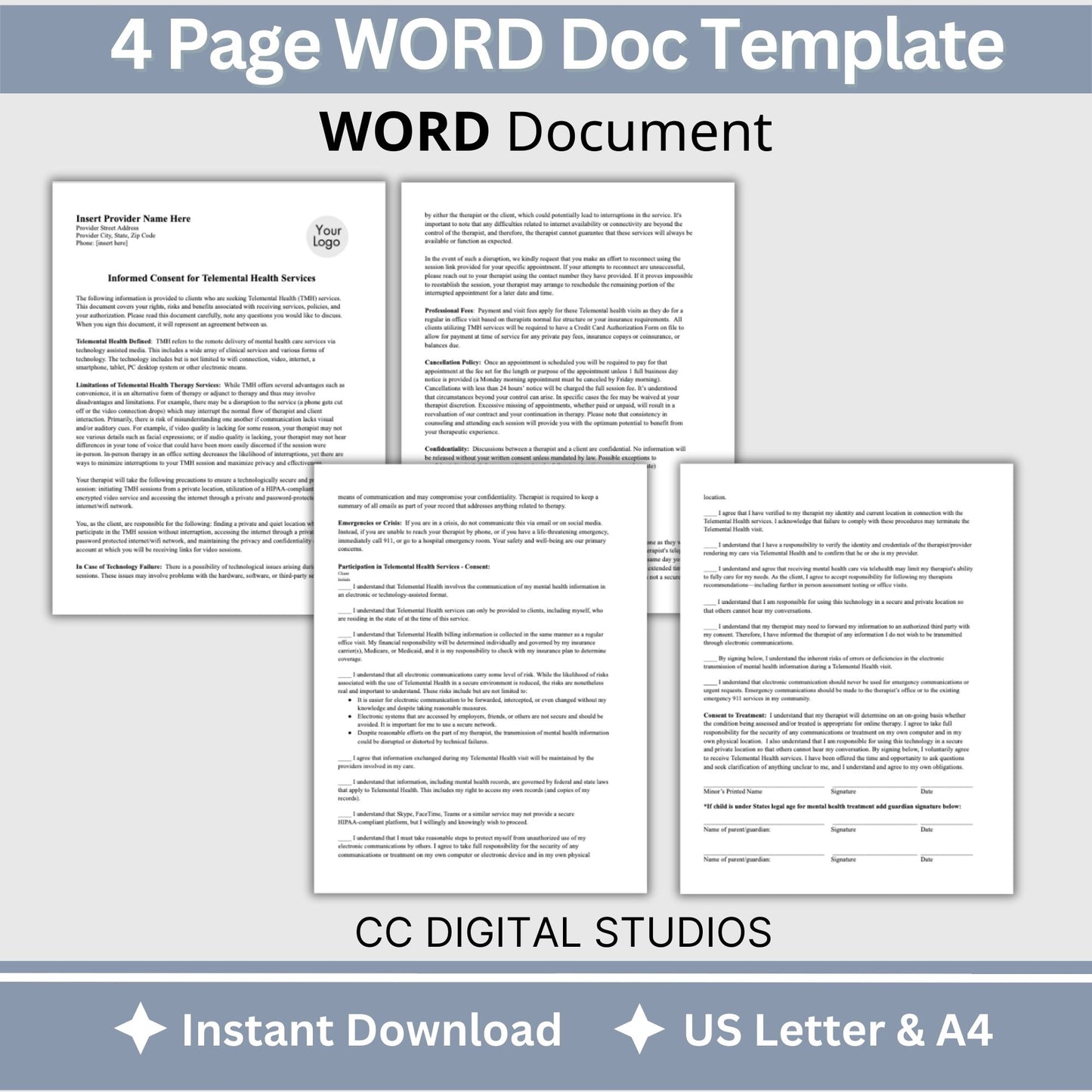 Informed Consent Telemental Health for Minors, Editable WORD Doc, Telehealth Form, Adolescent Therapy, Psychotherapy Forms
