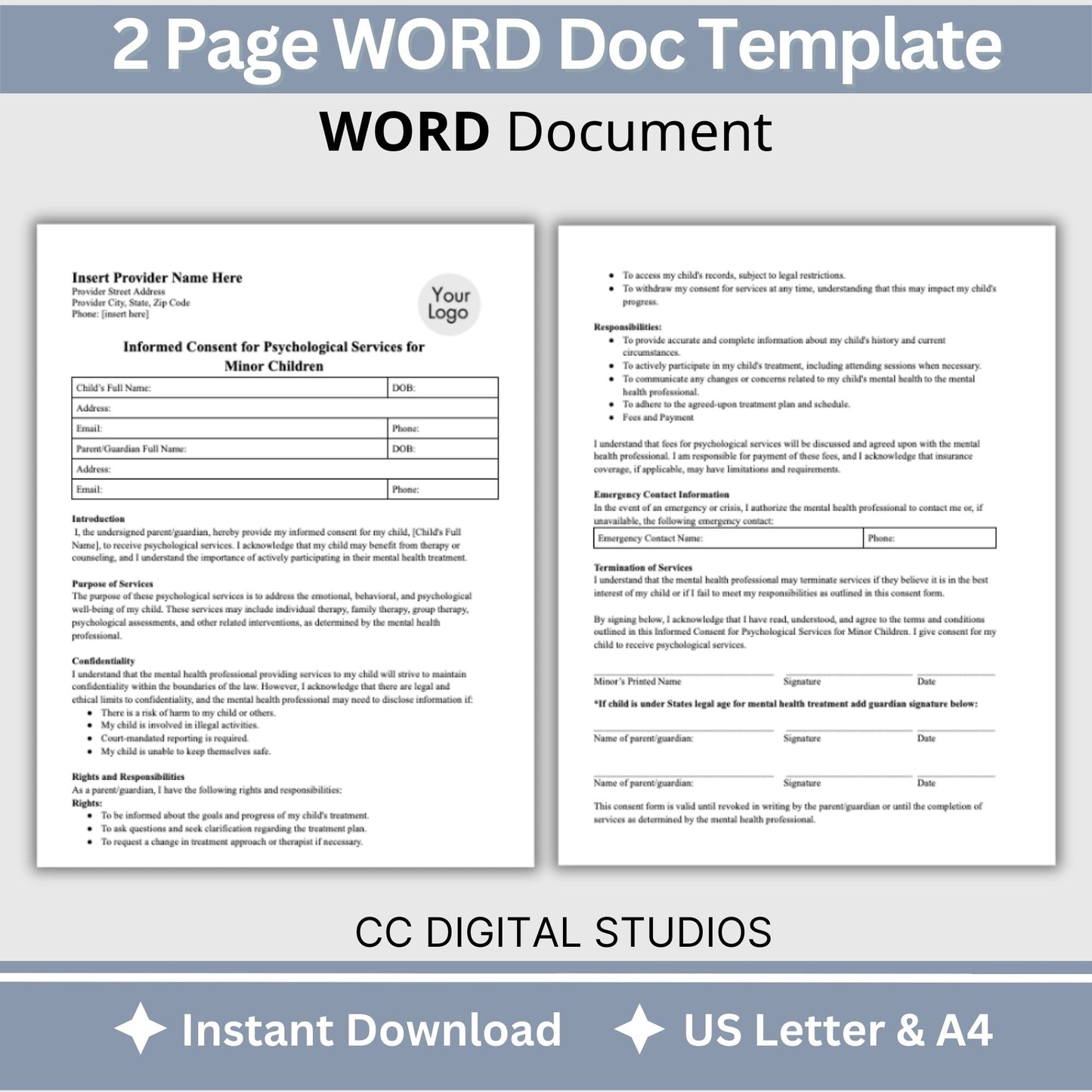 Informed Consent for minor children, designed to provide you with a convenient and secure way to obtain informed consent for mental health services for minors.