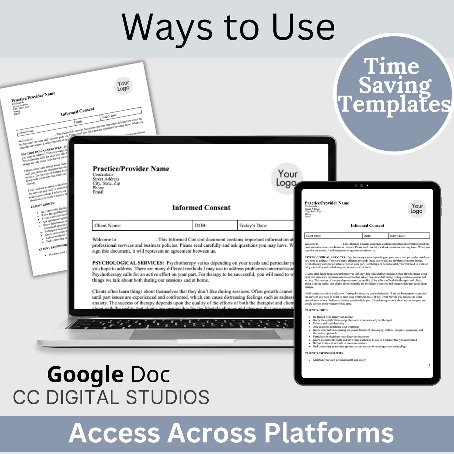 Informed Consent Therapy Form, Editable Google Doc, Client Intake Form, Psychologist Office, Therapist Office Documentation, Counseling