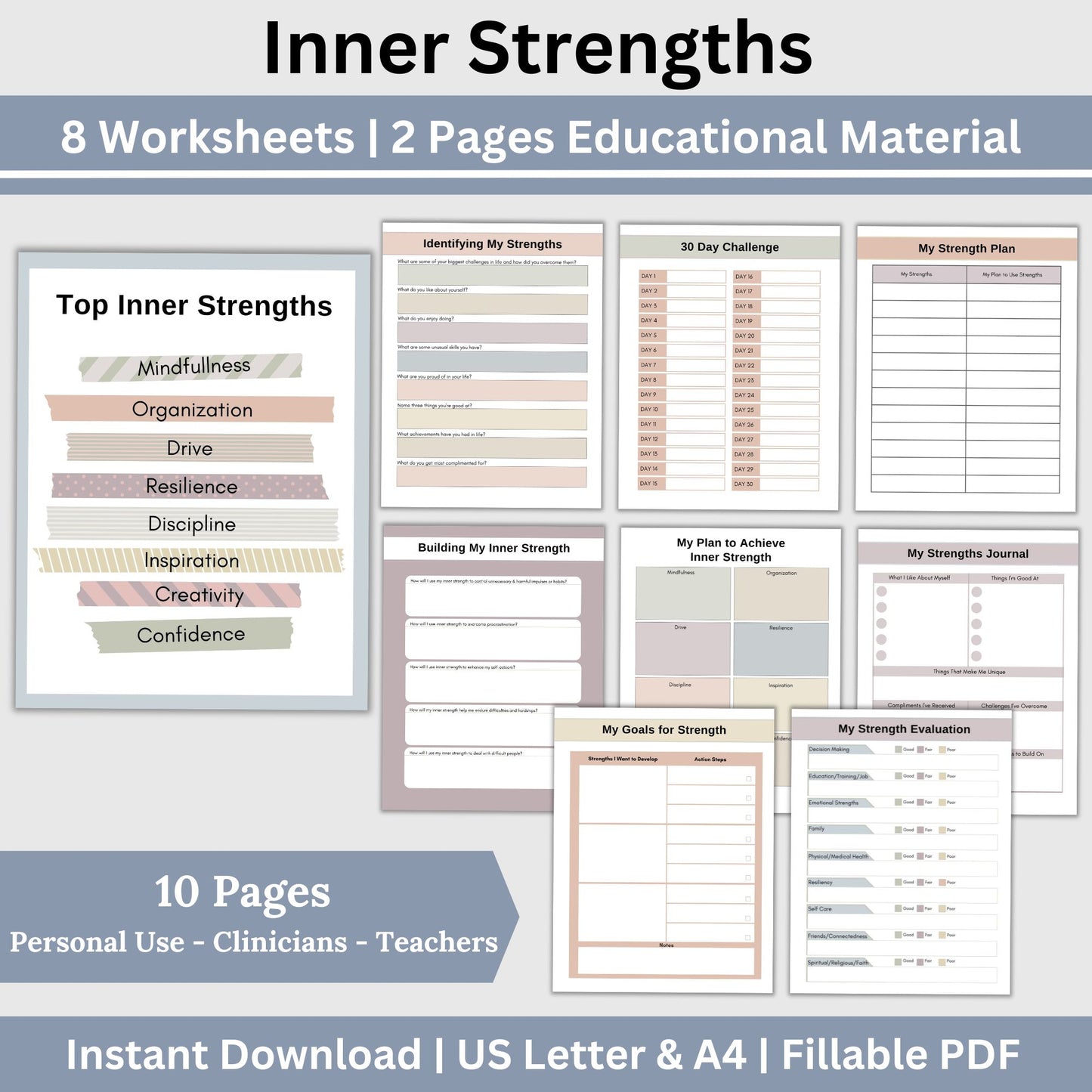 Inner Strength Worksheets - the perfect therapy resource for fostering personal growth! These therapy worksheets are designed to provide anxiety relief and enhance coping skills in a strengths-based approach.