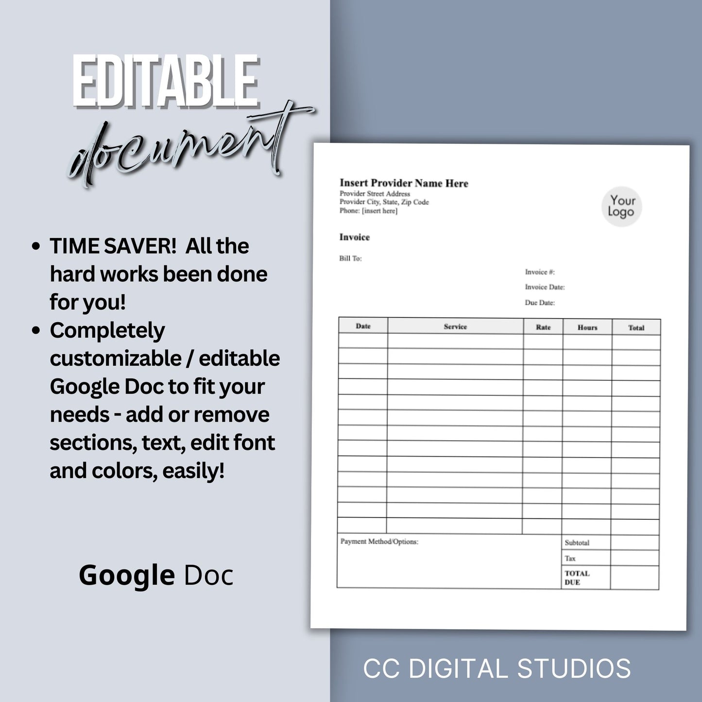 Invoice for billing in private practice. Impress your clients with clear, concise, and personalized therapist office invoice that reflect your professionalism and attention to detail.