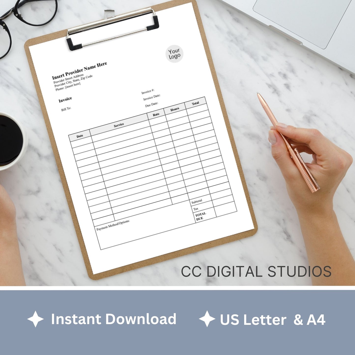 Invoice for billing in private practice. Impress your clients with clear, concise, and personalized therapist office invoice that reflect your professionalism and attention to detail.