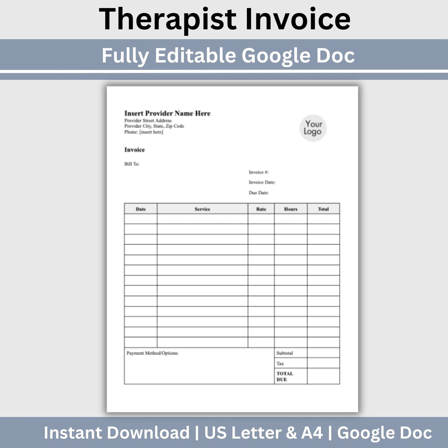 Invoice for billing in private practice. Impress your clients with clear, concise, and personalized therapist office invoice that reflect your professionalism and attention to detail.