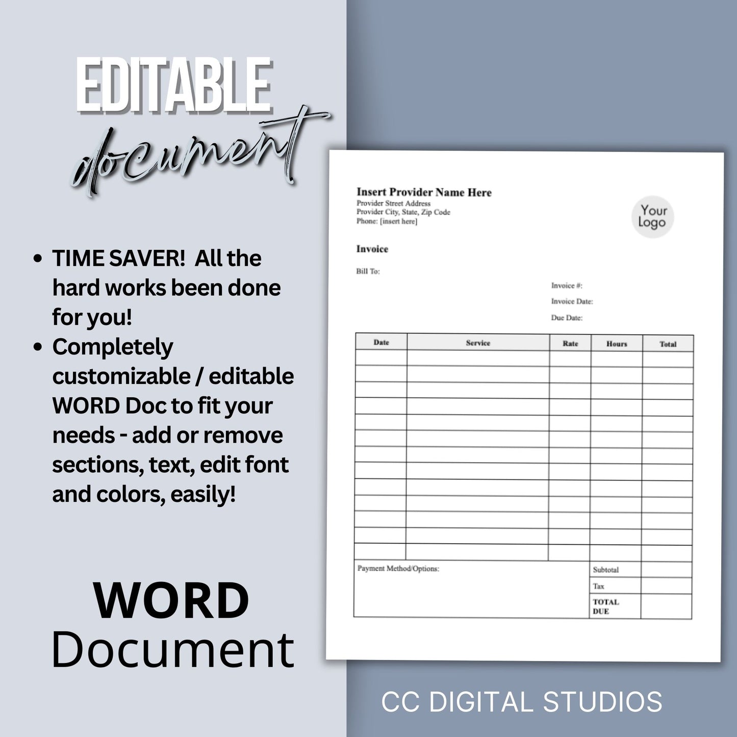 Invoice for billing in private practice. Impress your clients with clear, concise, and personalized therapist office invoice that reflect your professionalism and attention to detail.