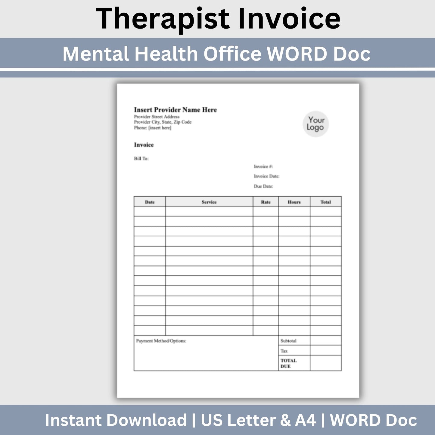 Invoice for billing in private practice. Impress your clients with clear, concise, and personalized therapist office invoice that reflect your professionalism and attention to detail.
