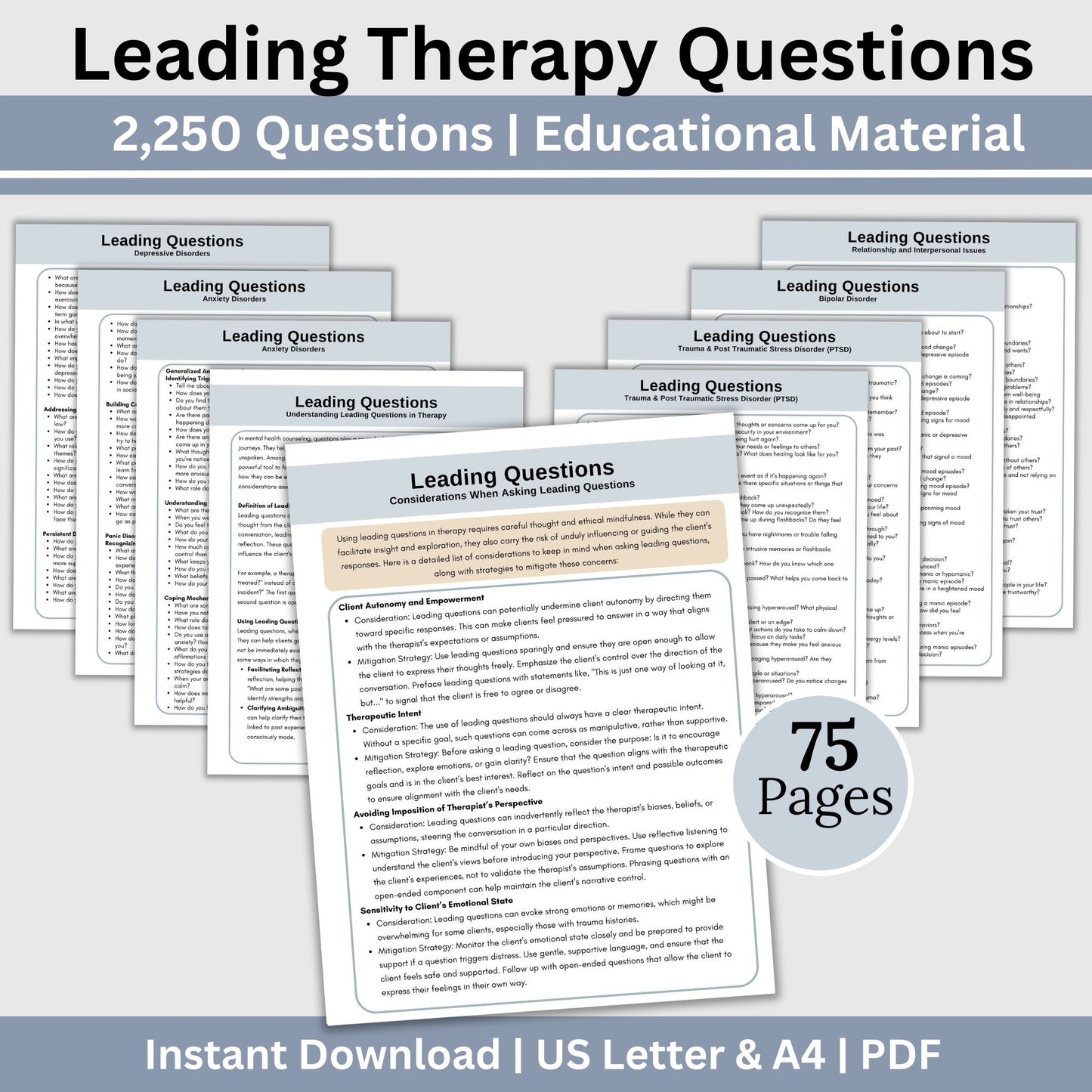 Therapy Questions Cheat Sheet, Counselors Leading Questions & Conversation Starters, Open-Ended Questions for Psychotherapy Therapist Office, cheat sheet of 2,250 leading therapy questions deeper conversations and meaningful insights.