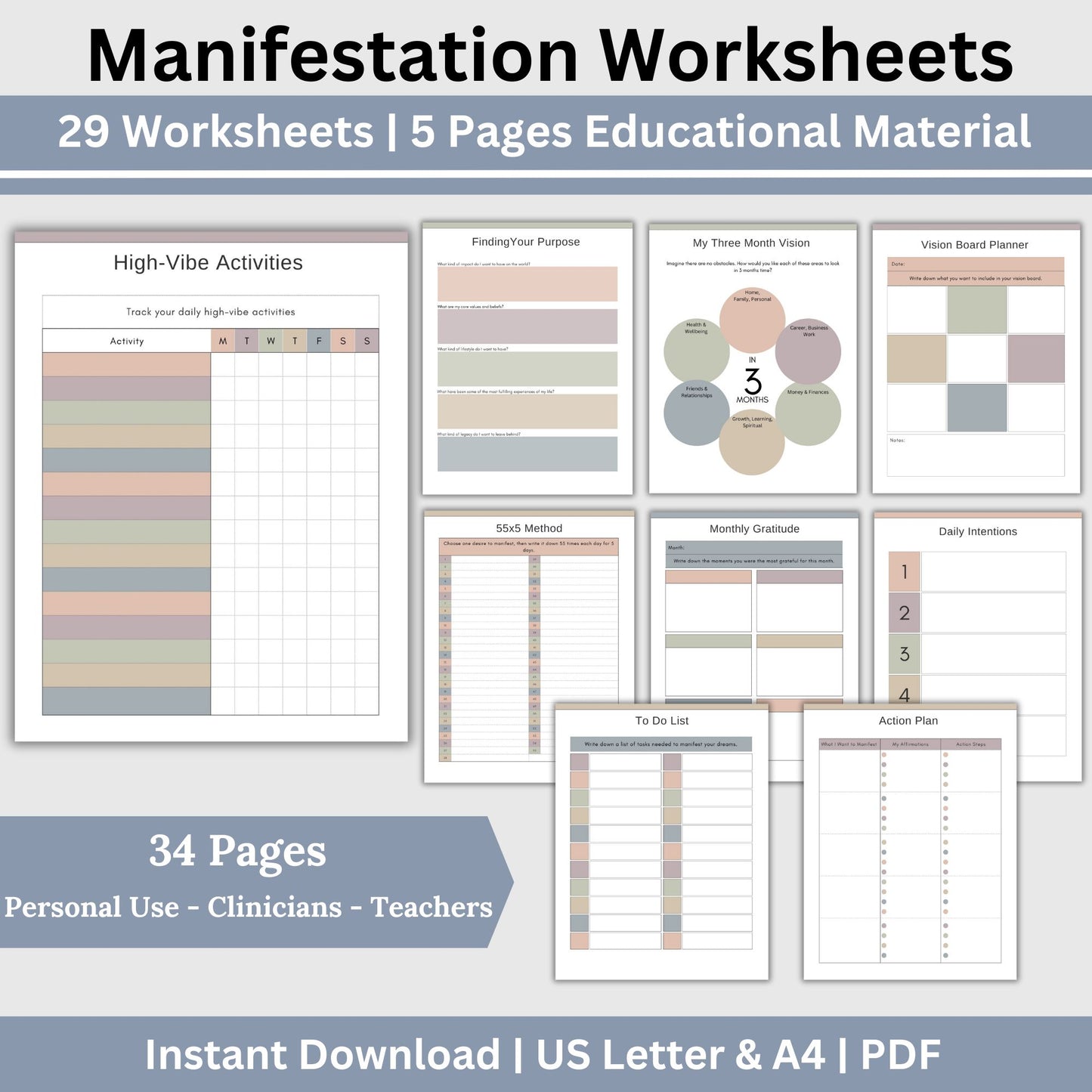 Manifestation Planner, Manifestable Worksheets, Manifesting Journal, Vision Board, Gratitude Journal, Affirmation Prompts, Visualization. Manifestation planner and worksheets, designed to help you turn dreams into reality.
