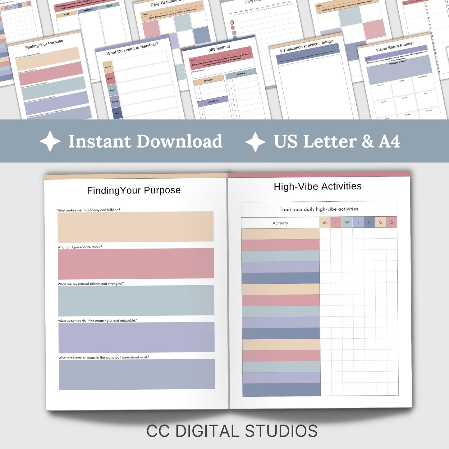 Manifestation Planner, Manifestable Worksheets, Manifesting Journal, Vision Board, Gratitude Journal, Affirmation Prompts, Visualization. Manifestation planner and worksheets, designed to help you turn dreams into reality.