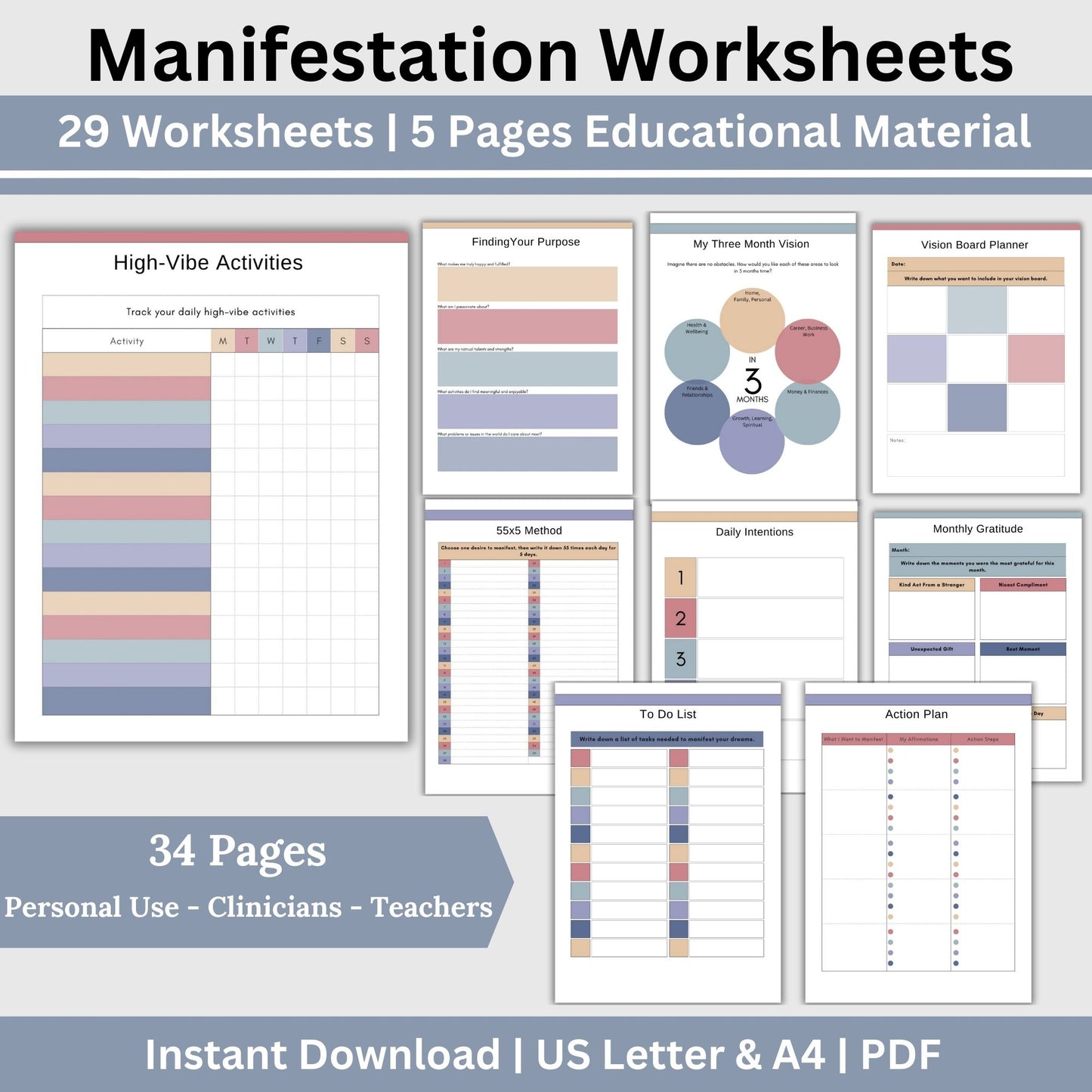 Manifestation Planner, Manifestable Worksheets, Manifesting Journal, Vision Board, Gratitude Journal, Affirmation Prompts, Visualization. Manifestation planner and worksheets, designed to help you turn dreams into reality.