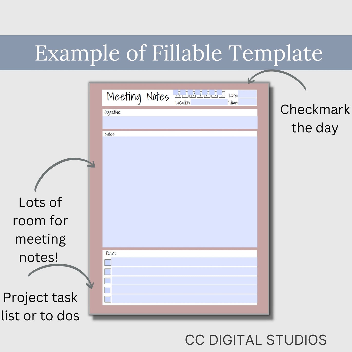 Looking for a smart way to keep record of your meetings? Record your meeting minutes and track to do's, agenda, action steps, and notes. Feel prepared for your next meeting.
